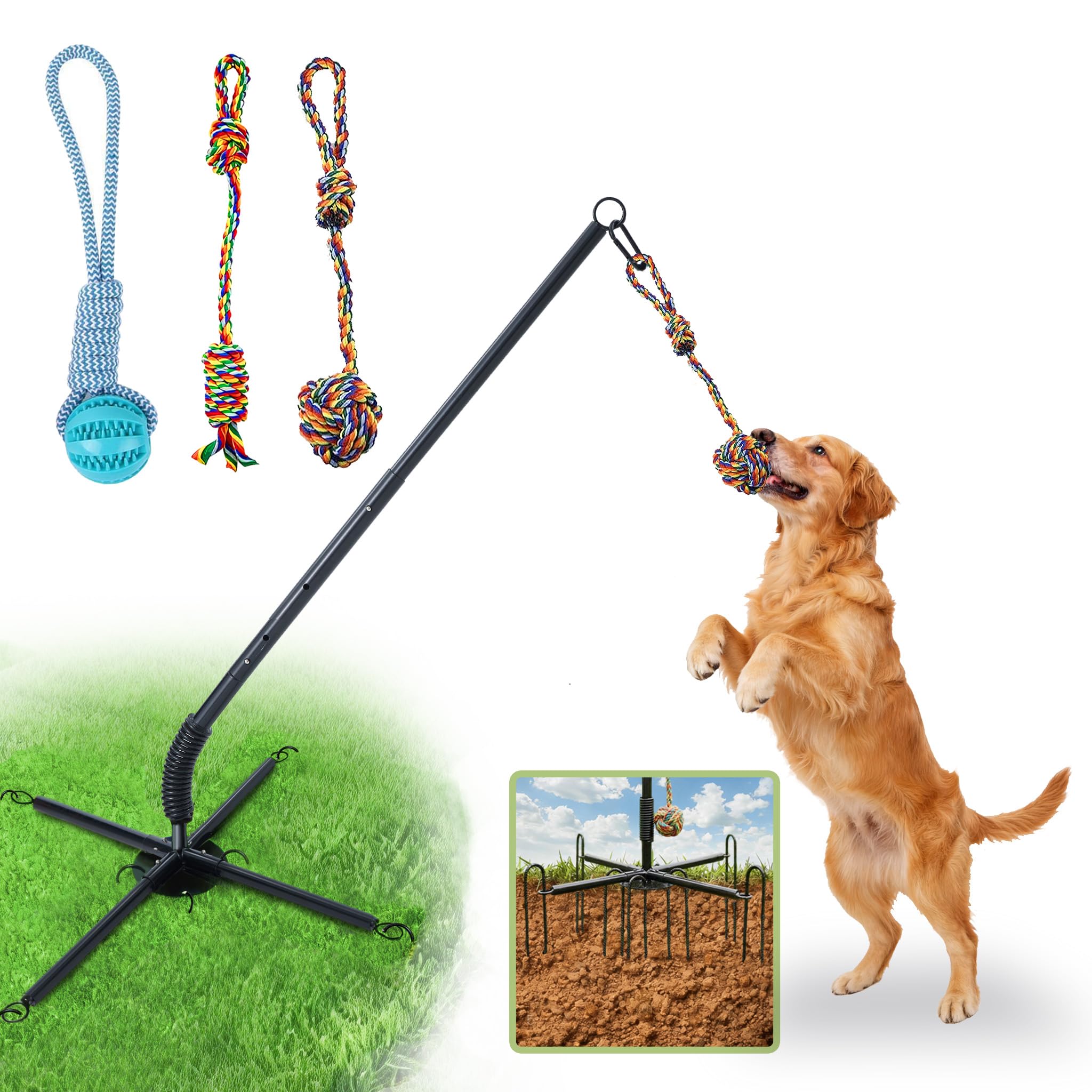 Vechor Tether Tug Outdoor Dog Toy, Interactive Exercise Game for Yard & Park with 3 Rope Toys for Tug of War, Pull Chase and Solo Play for Large Medium Small Dogs