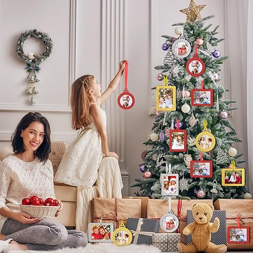 Miniatura 5 de Queekay 48 adornos navideños para colgar fotos, marco de fotos para árbol, marco de fotos pequeño con purpurina para bricolaje, manualidades,
