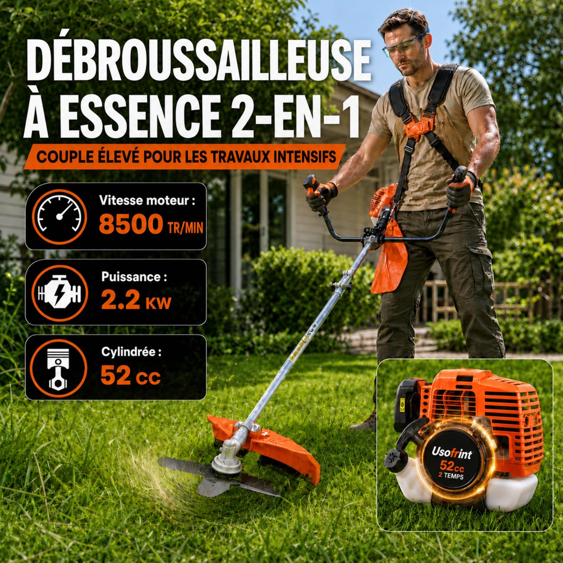 Débroussailleuse Thermique 52 cm³, Débroussailleuse Essence 2 Temps 2,2 KW 8500 TR/Min, 2 en 1 Coupe-Bordure avec Lame 3 Dents, Tête à Fil, Guidon en U Anti-Vibration