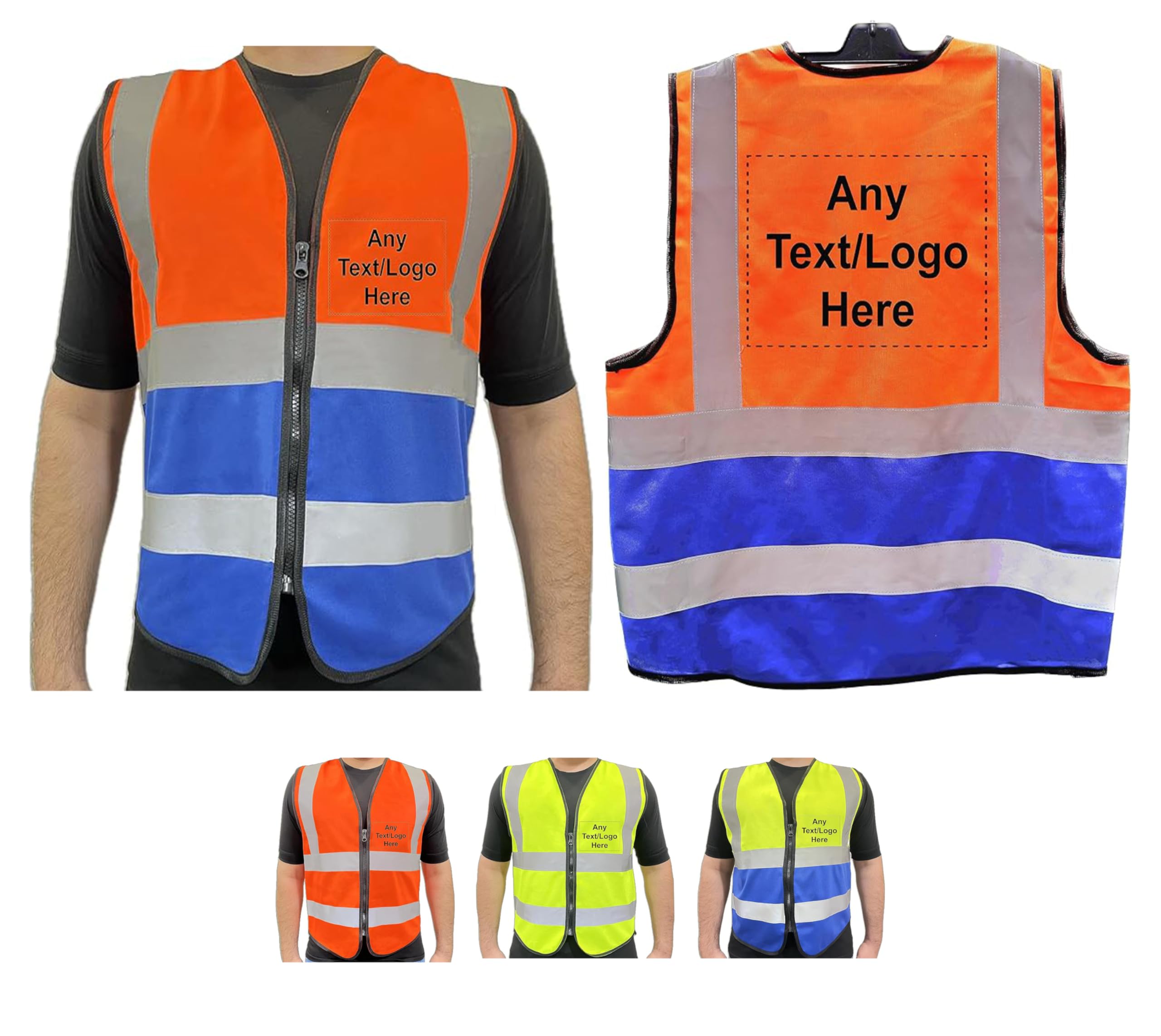 PB TECH Personalised Printed High Visibility Hi Vis Zipper Front Vest Customised Hi Viz Safety Waistcoat, Emergency Jacket with Neon Reflective Strips. (XXL, Orange & Navy)