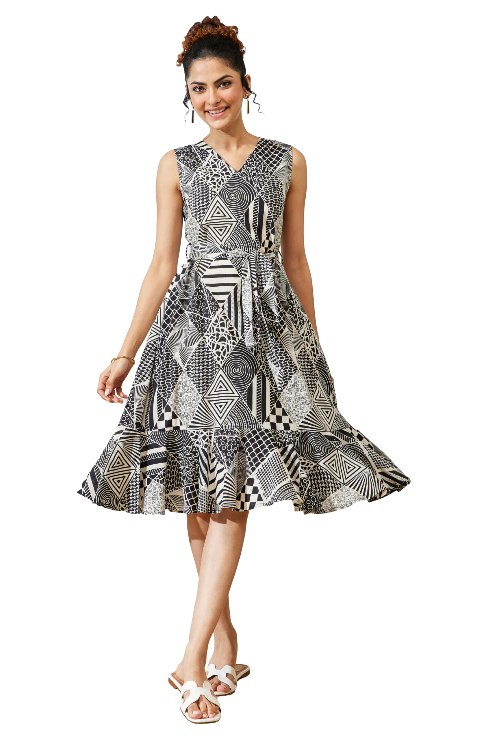 janasya Women's Black & White Pure Cotton Geometric Printed A-Line Dress-picture-21