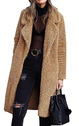Angashion Women's Fuzzy Fleece Lapel Open Front Long Cardigan Coat
