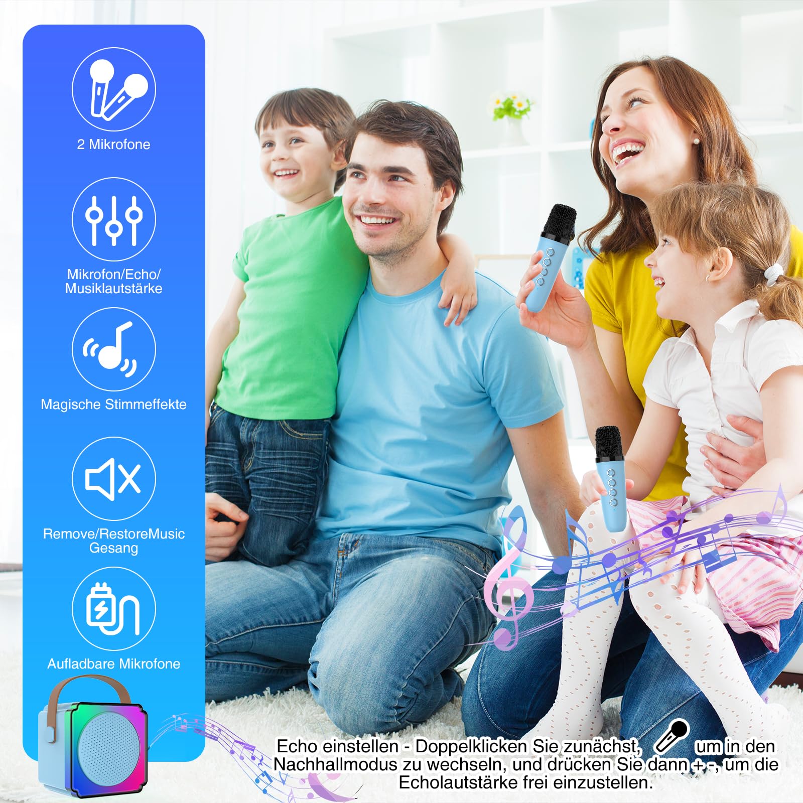 Karaoke Machine, Karaoke Machine 2 Wireless Microphones Portable Bluetooth Karaoke Machine Kids with Voice Changer Effects and LED Lights Karaoke for Kids Adult Girls Boys (Blue) - Image 4