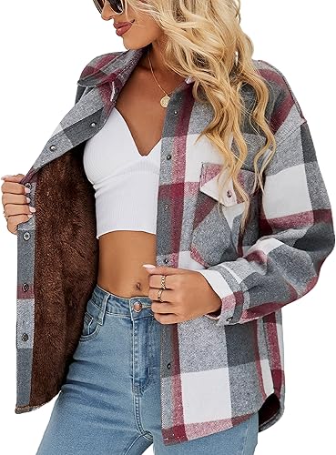 APAFES Chaqueta cálida de invierno con forro polar Sherpa para mujer, abrigo de franela a cuadros (forro de sherpa)