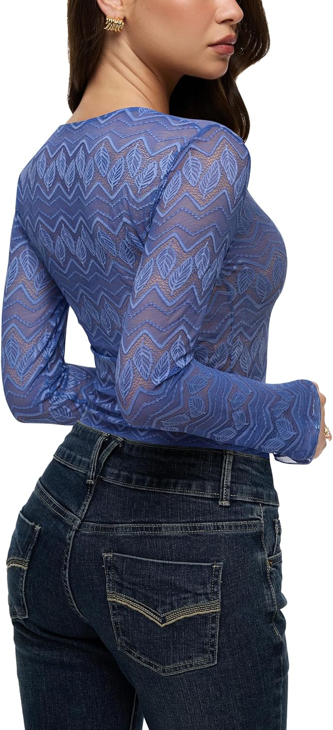 REORIA Women's Sexy Lace Sheer Mesh Tops Long Bell Sleeve Basic Tee Y2K Going Out T Shirts Deep V See Through Blouses - Image 4
