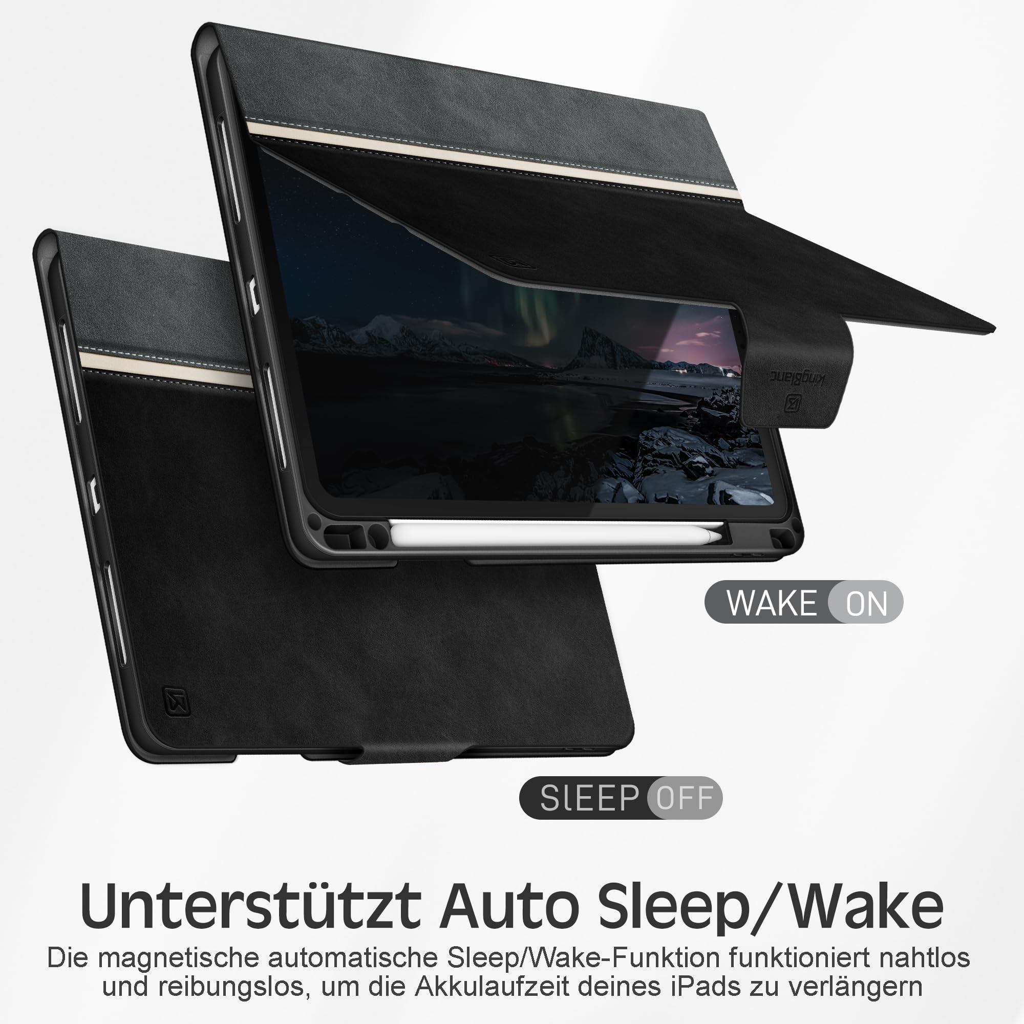 KingBlanc Hülle für iPad Pro 11 Zoll M5 2025/M4 2024 Schwarz | Design im Notizbuchstil, Stifthalter, PU Leder, Verstellbarer Ständer, Auto Schlaf/Wach, Unterstützt Pencil Pro/USB-C