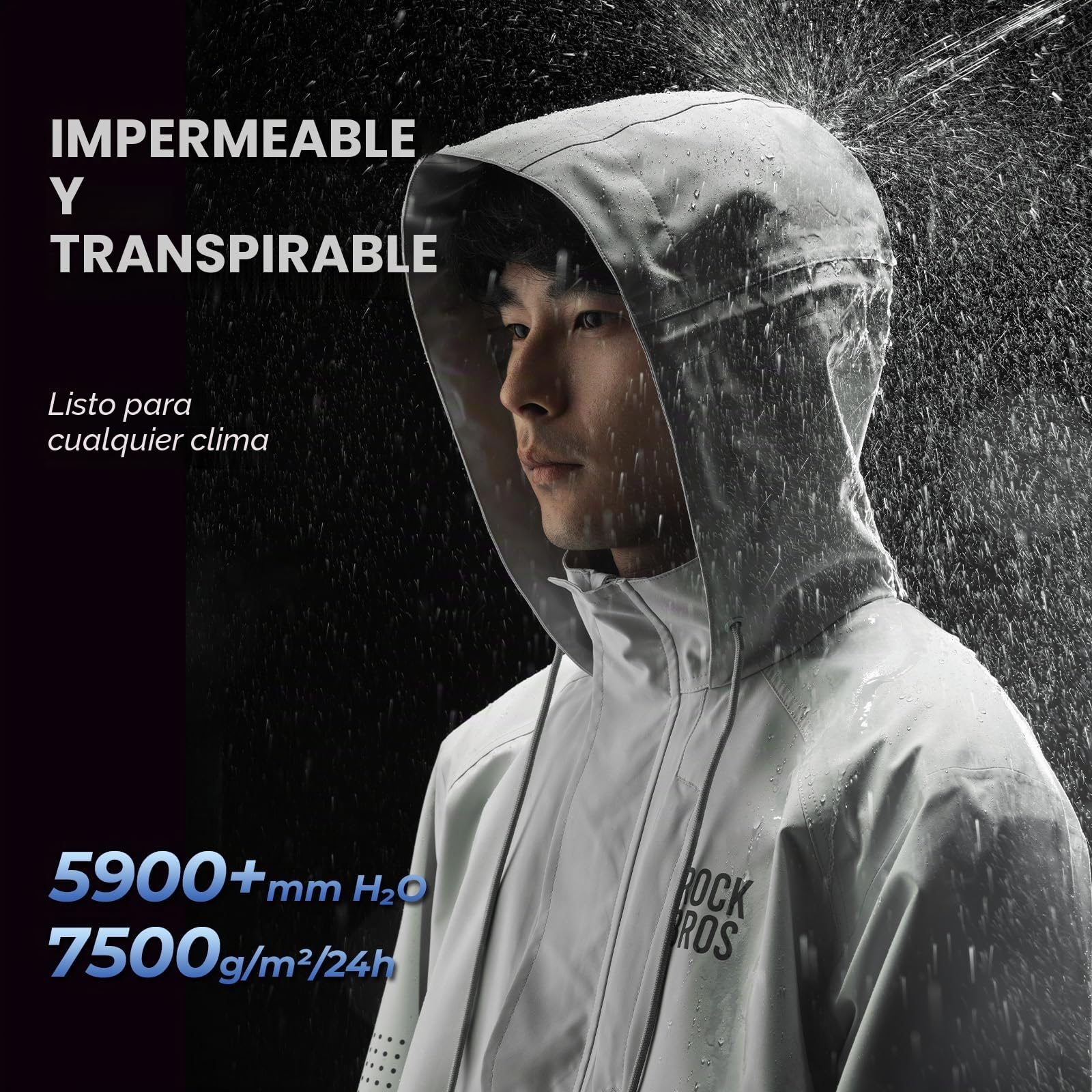 ROCKBROS Chubasquero Largo Deportivo Hombre Mujer, Chaqueta de Lluvia Larga Poncho Impermeable Transpirable Cortaviento con Capucha y Detalles Reflectantes para Senderismo Camping Ciudad, Gris Blanco