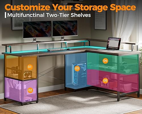 Miniatura 16 de ODK Escritorio para juegos en forma de L de 66 pulgadas con toma de corriente y luces LED, mesa de juegos de PC con textura de fibra de carbono,