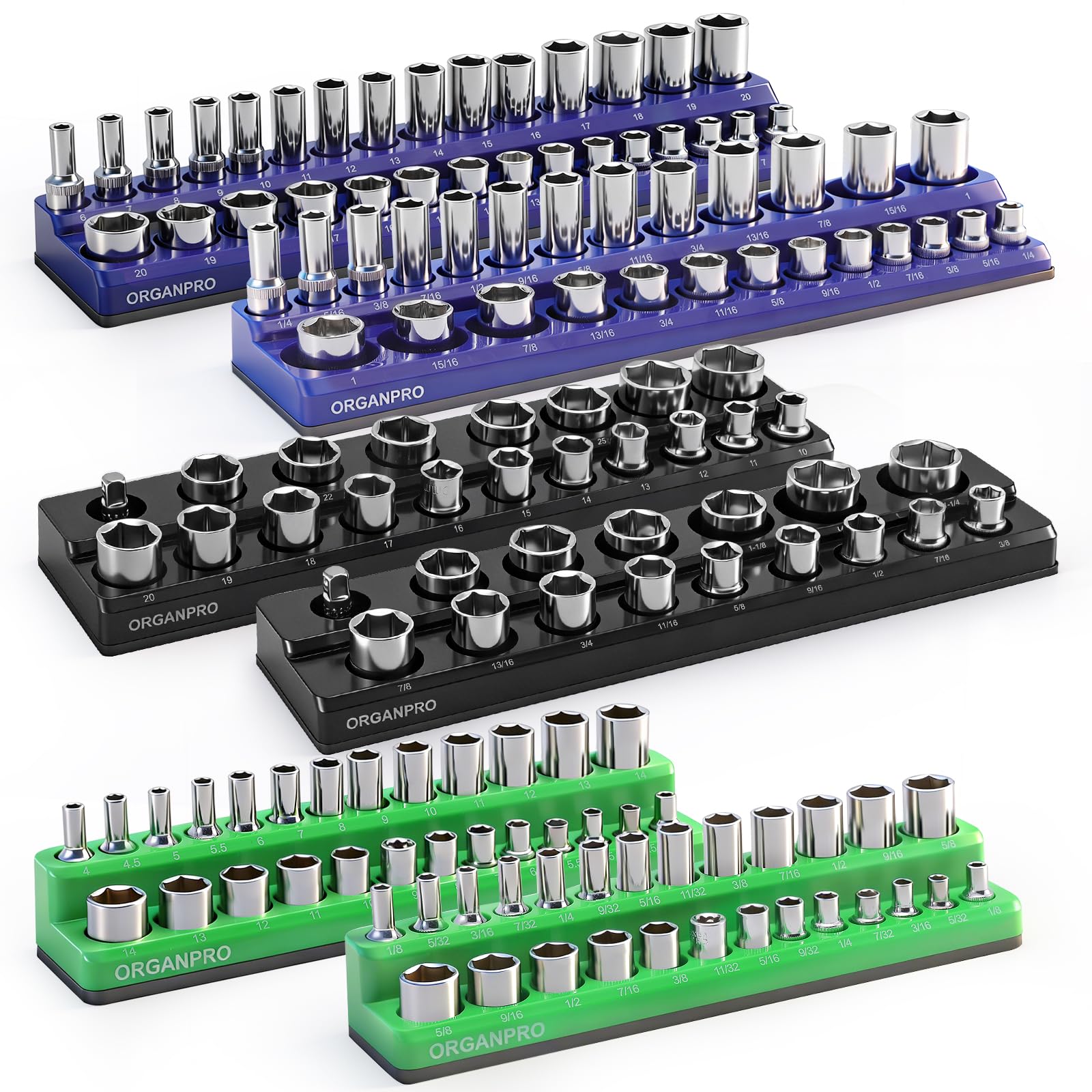 Photo 1 of 6PCS Magnetic Socket Organizer Set, 143 Sockets Tray High-Capacity & Strong Magnet Socket Holder, 1/4'' 3/8'' 1/2'' Socket Drive Metric SAE with 3 Color, Fathers Day Gifts for Men(Socket not Included)