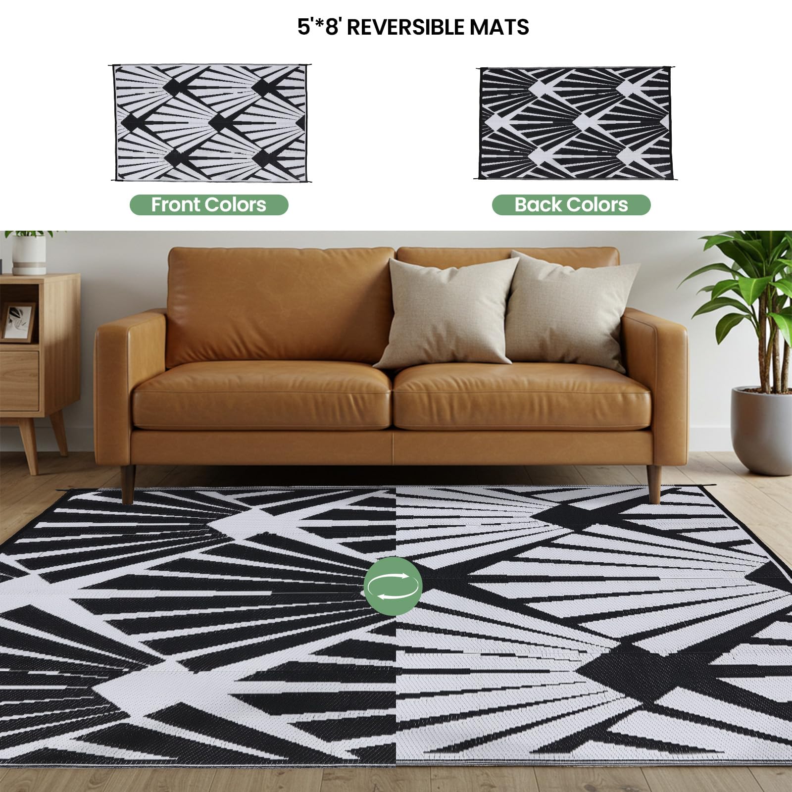 BUPPLEE Tapis d'extérieur réversible pour patio, tapis d'extérieur réversible en paille en plastique imperméable et pliable avec protection UV, tapis de paille à séchage rapide pour terrasse