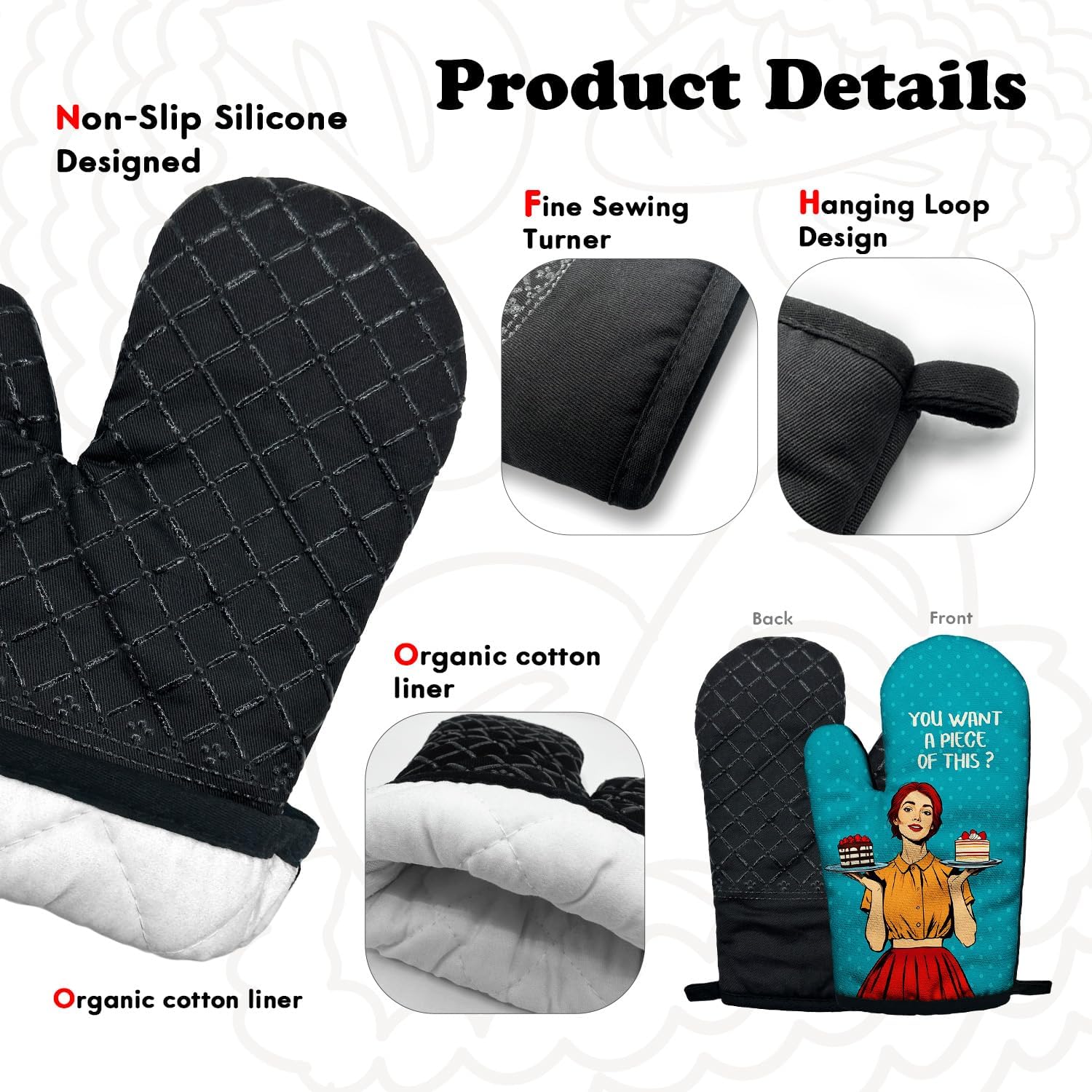 Funny Vintage Lady Cooking and Baking BBQ Kitchen Gadgets with Heat Resistant Silicone Non-Slip, You Want a Piece of This Oven Mitts Set of 2, Gifts for Bake Lover Mom Wife Aunt Sister BFF - Image 3