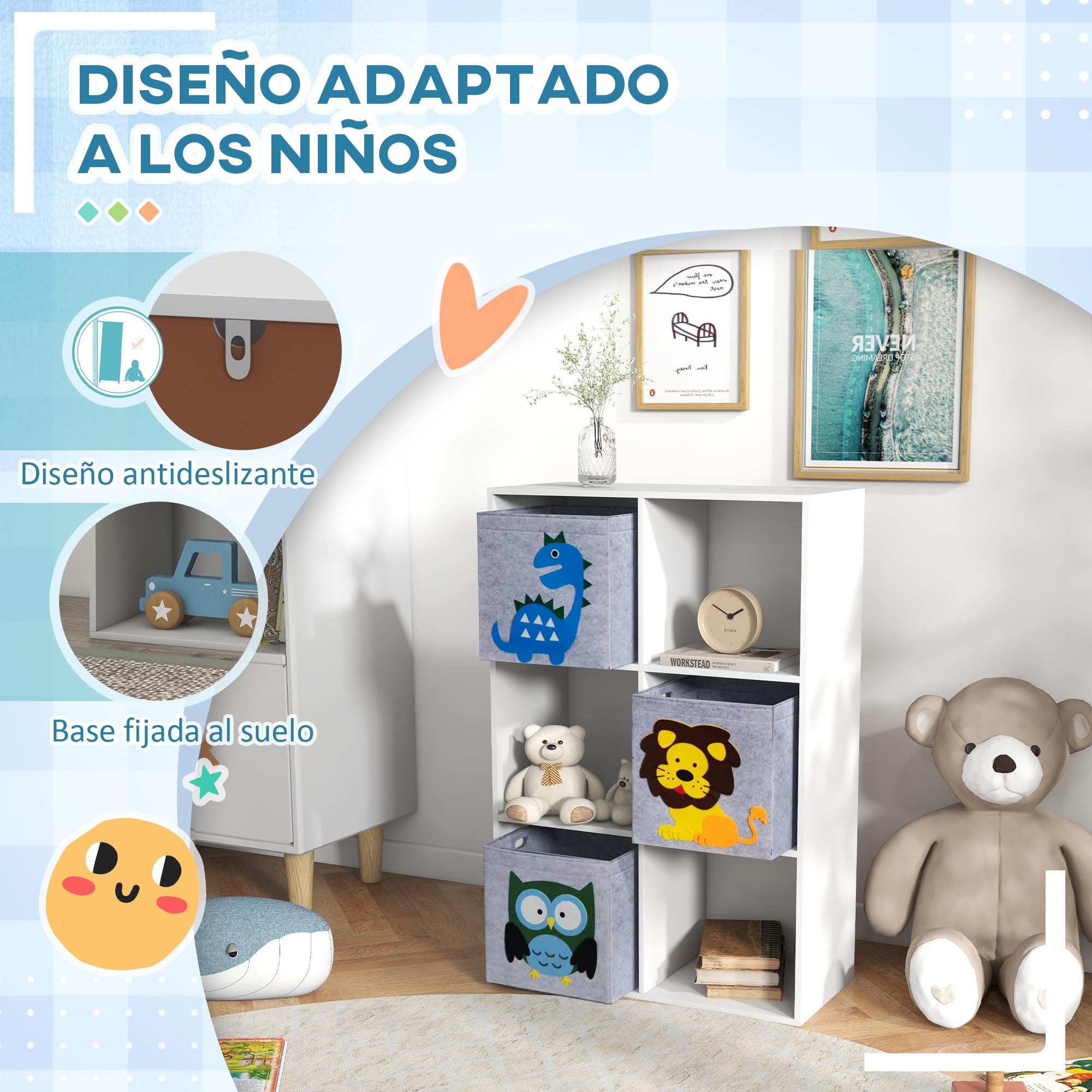 ZONEKIZ Estantería para Juguetes Infantil Librería para Niños con 6 Compartimientos de Almacenaje y 3 Cajones de Tela no Tejida 61,8x29,9x91,5 cm Blanco y Gris