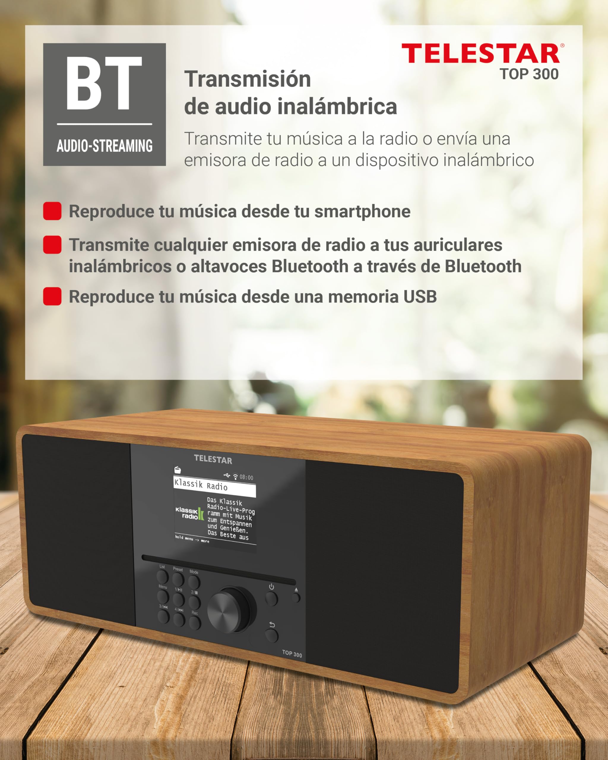 TELESTAR Top 300 – Radio Dab+/Internet con CD, estéreo – Madera | 2 × 15 W, servicios de streaming, Bluetooth audio & función de transmisión, grabación USB, sistema de alerta de emergencia