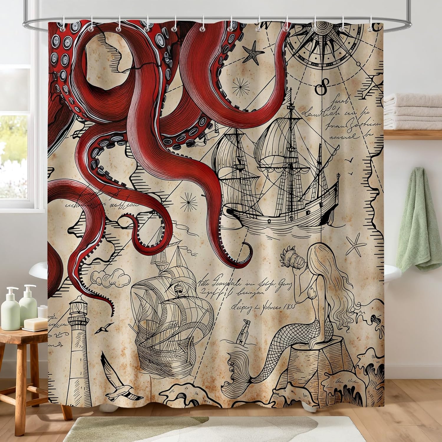 Blue Nautical Octopus Shower Curtain,Navy Blue Octopus and Mermaid Funny Ocean Kraken Waterproof and Moisture-Proof Bath Curtain Decor with 12 Hooks 78 x 72 inch