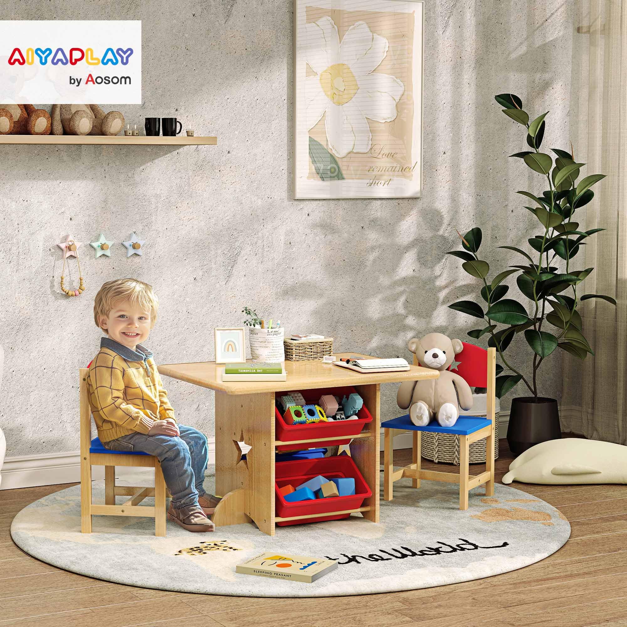 Set Tavolo E 2 Sedie Bambini Yorbay - Legno Con Lavagna E Storage, 62x62cm, 3-7 Anni - Foto 6