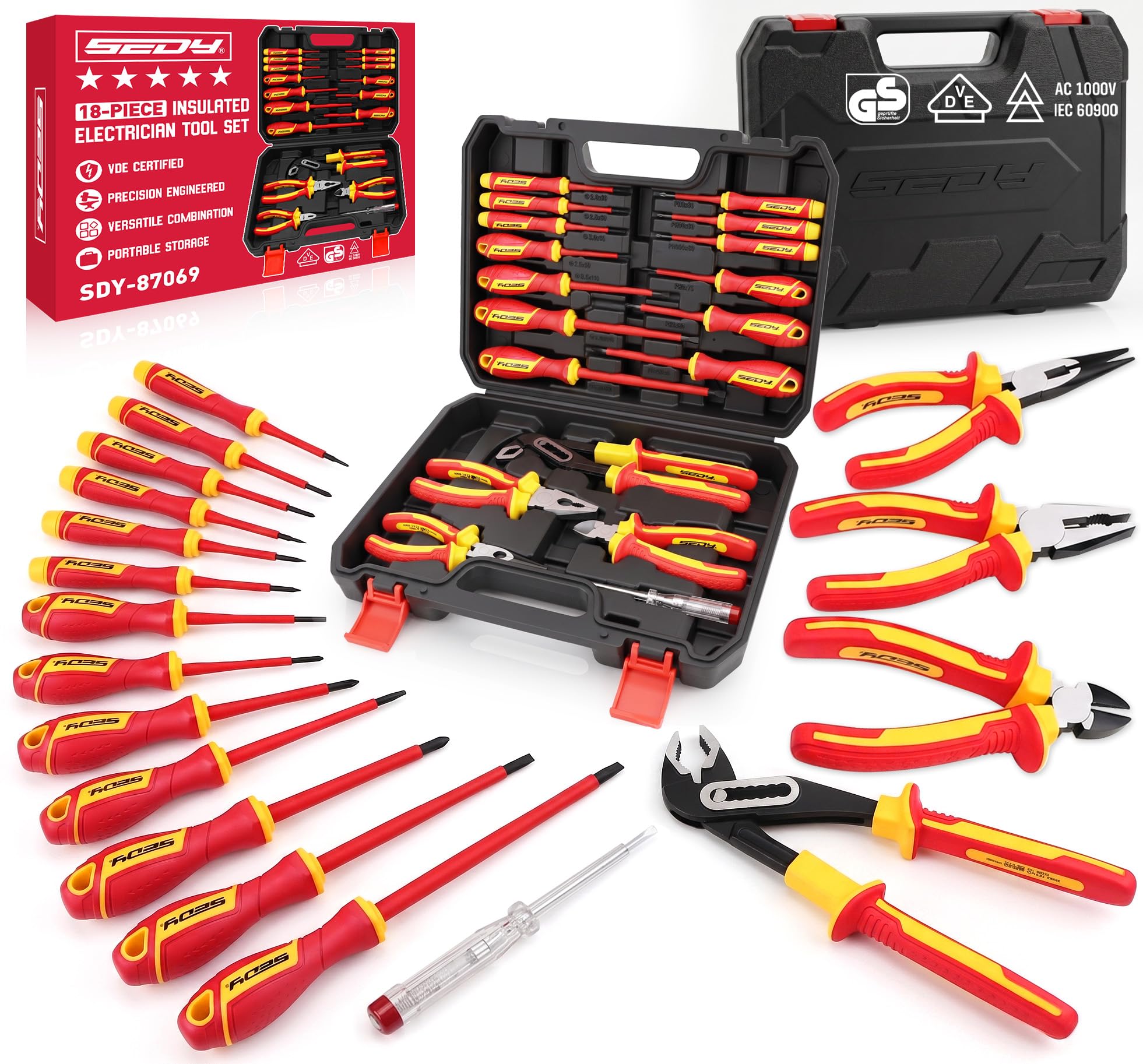 18-Piece Insulated Electrician Tool Set, VDE 1000V Insulated Screwdrivers, Voltage Tester, Long Nose, Diagonal Cutting and Water Pump Pliers for Electrical Work, Home Repair and Maintenance