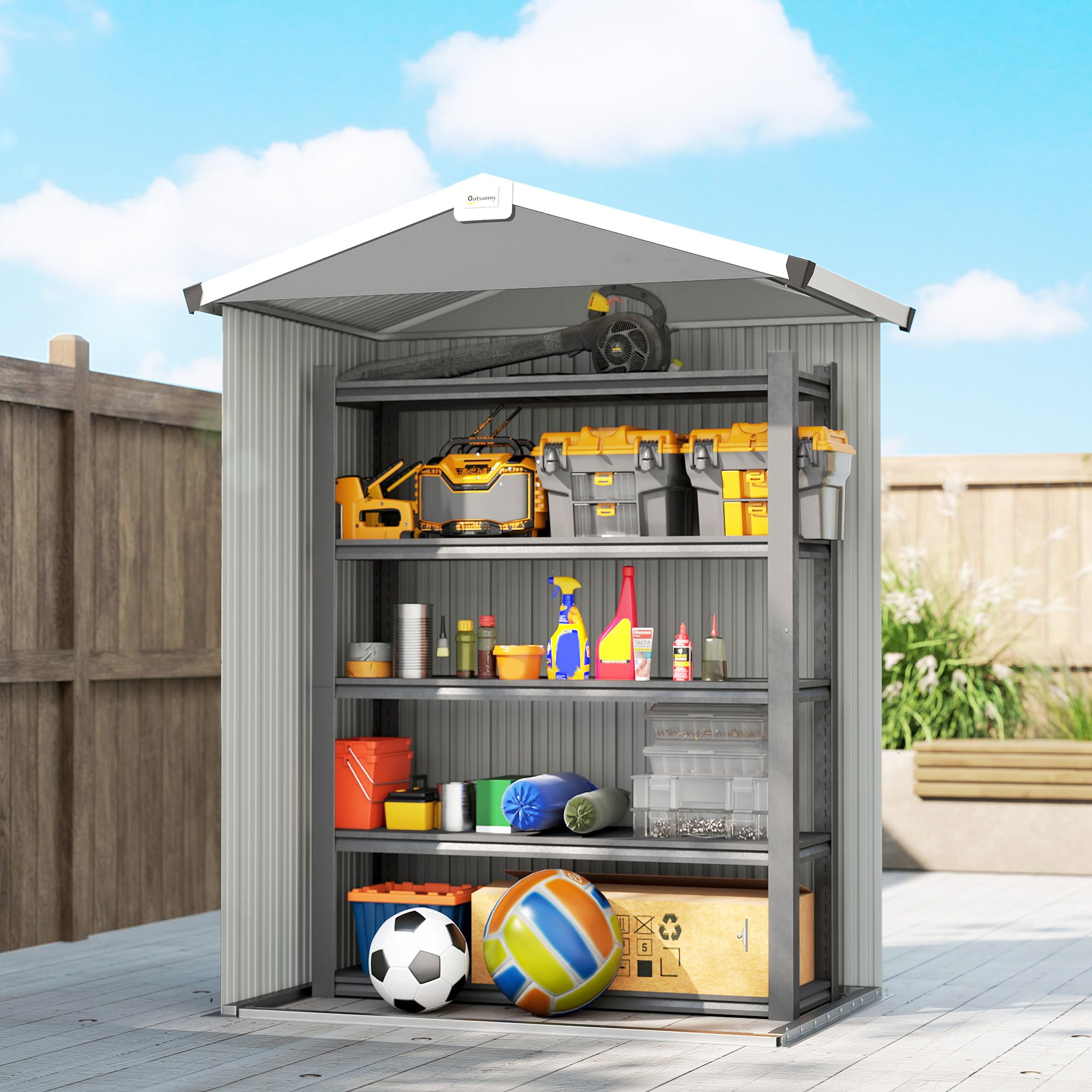 Outsunny Caseta de Jardín Exterior 1,1 m², 133x87x178 cm, Cobertizo Metálico con Puertas Abatibles Dobles, Techo a Dos Aguas y Guantes, Almacenaje de Herramientas y Bicicletas, Gris