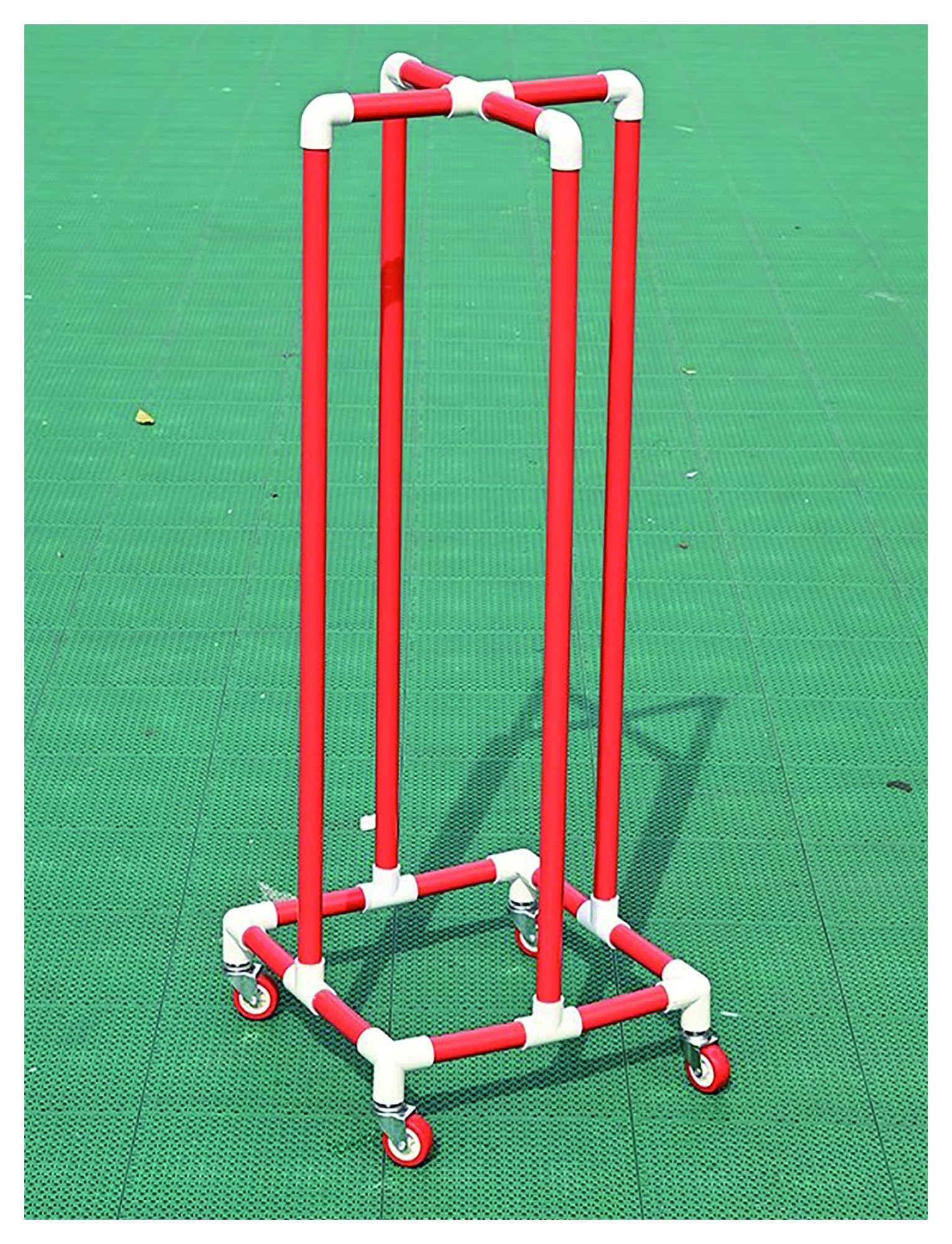 Generisch Hula-Hoop-Ständer, PVC-Reifenseilhalter, freistehender Hula-Hoop- und Springseilständer, fahrbarer Fitness-Reifen-Aufbewahrungswagen, Sportgeräte-Regale (Rot)
