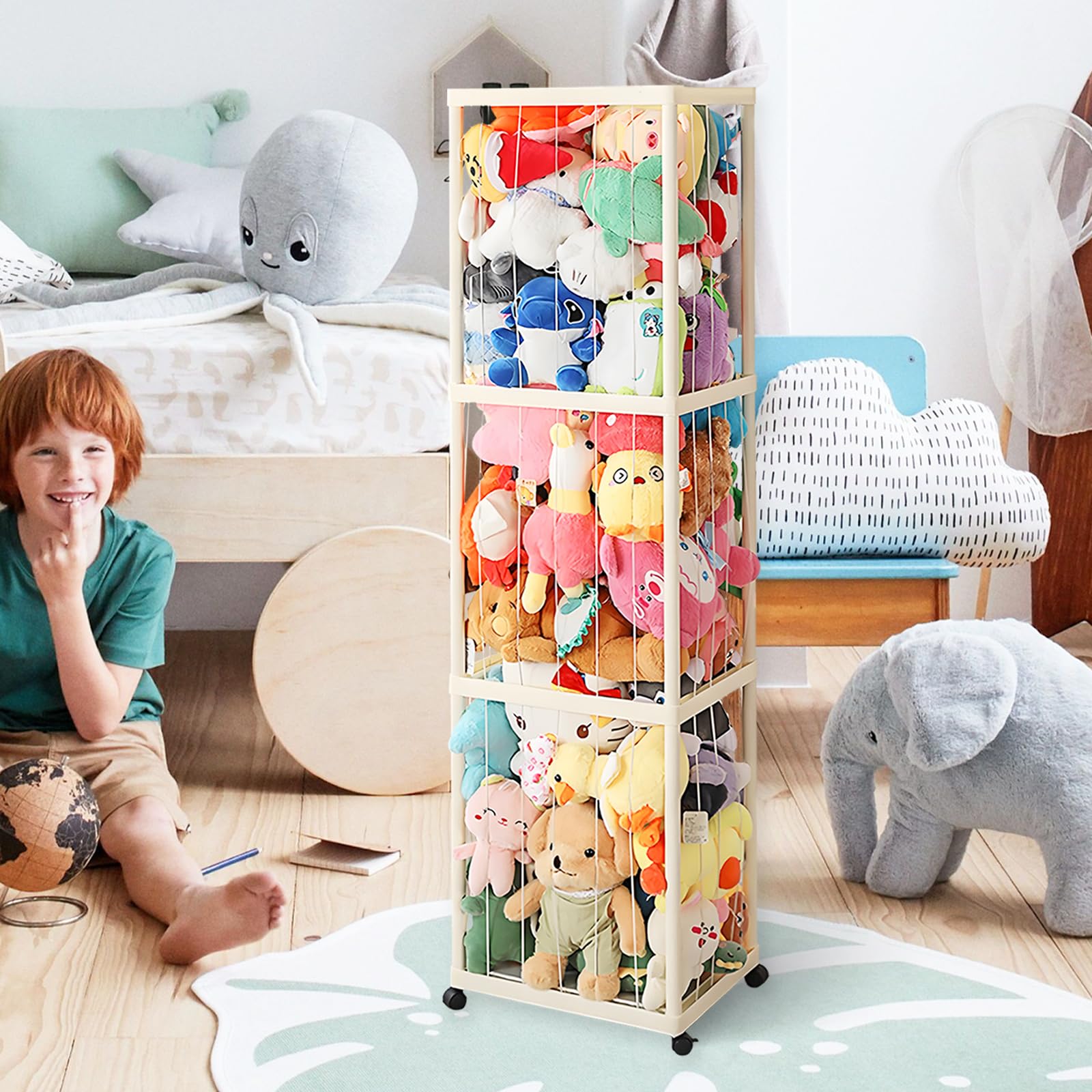 Kuscheltier Aufbewahrung, Stofftier Aufbewahrung mit Elastisches Band und 360°Bremse-Ausgestattete Räder Plüschtier Lagerung Kuscheltierzoo für Kinderzimmer Spielzimmer Schlafzimmer Organizer