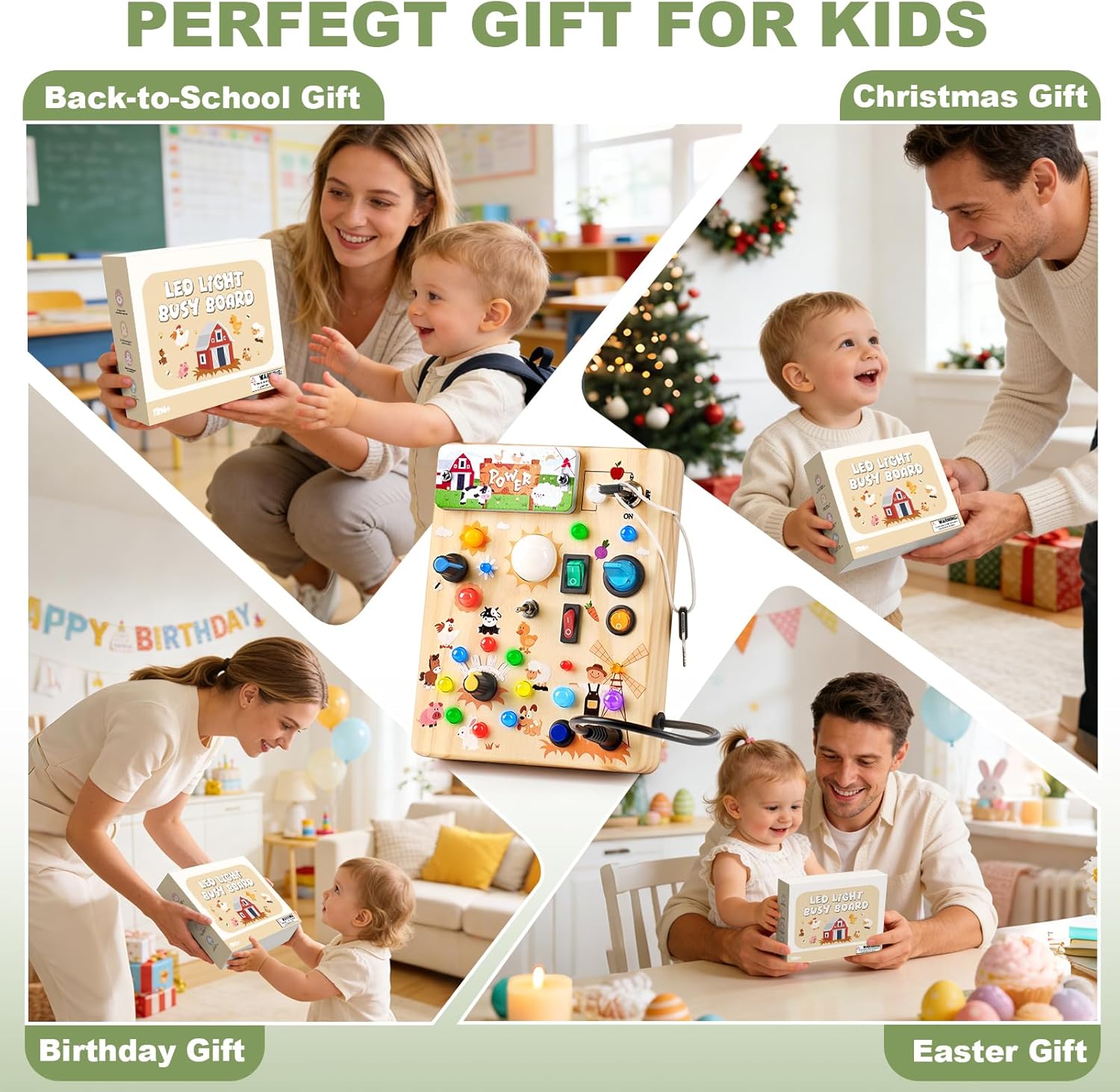Busy Board for Toddlers 1-3 - Montessori Educational Sensory Toy with 10 Switches & 19 Lights, Activity Board for Fine Motor Skills, Travel Toys for 1+ Year Old Boy & Girl Birthday Gift（Farm Theme）