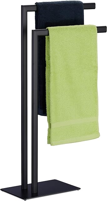 Relaxdays Towel Rack, 2 Bars, Free Standing, for Bathroom, made of Iron, Double Towel Rack HWD: 81 x 49 x 20 cm, Black
