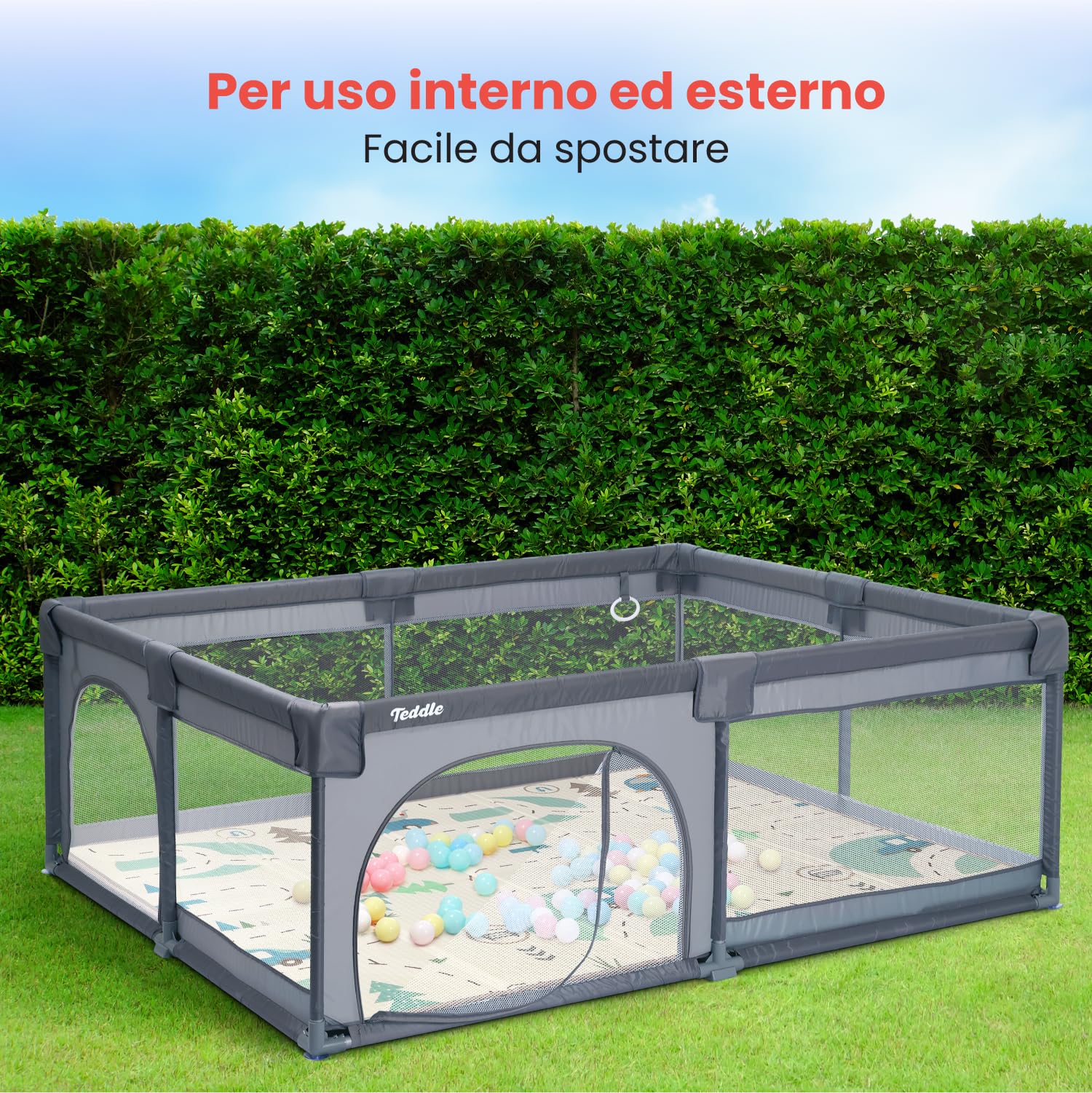 Box Bambini – Incluso Tappeto da Gioco Double-Face - Recinto per Bambini con 50 Palline – 180 x 150 cm – Box Neonato Per Uso Interno ed Esterno – Box per Bambini (Grigio, 180x150cm)