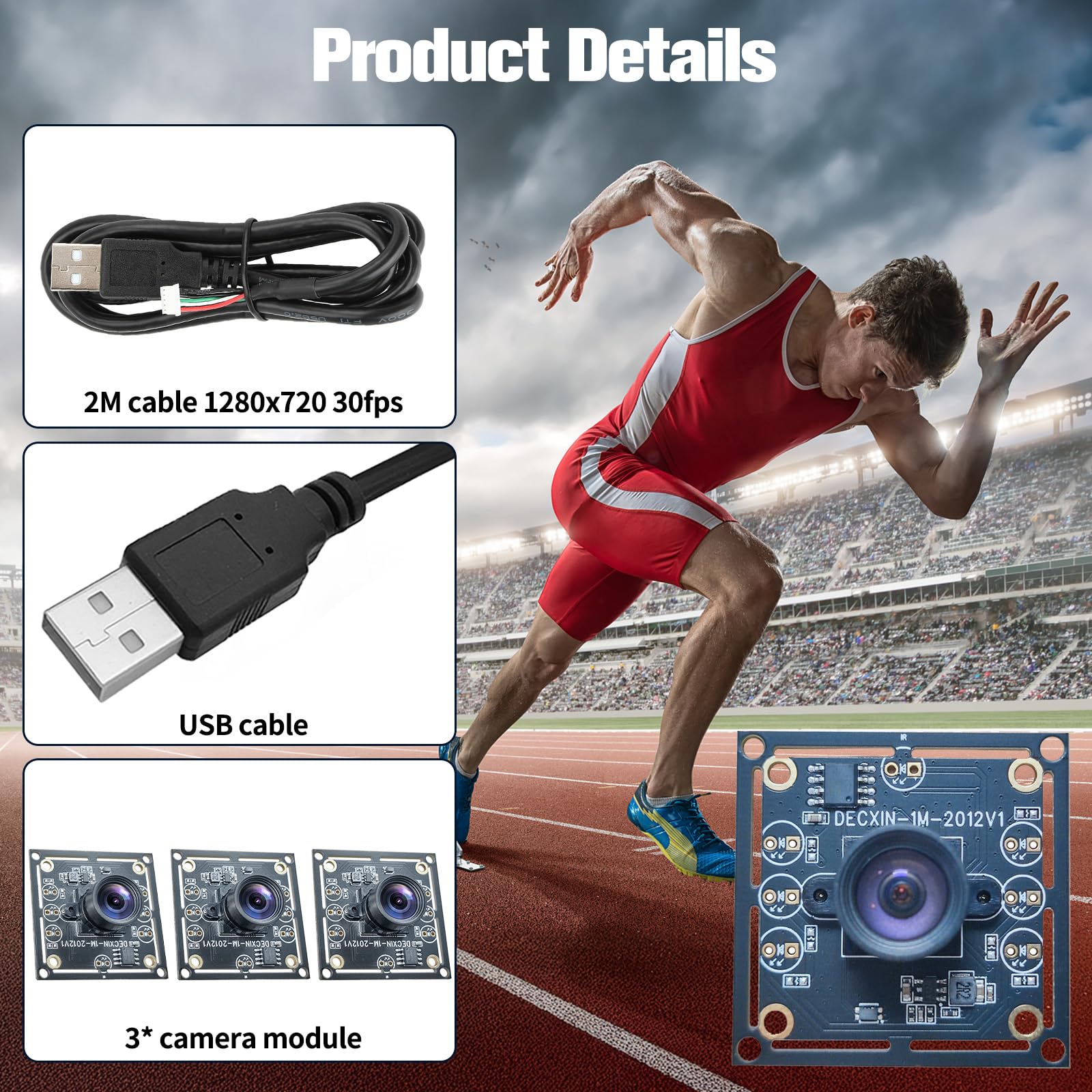 3-częściowy moduł kamery 100 stopni OV9732 – wysoka czystość obrazu z chipem HD 720p, rozdzielczość 1MP, sterownik USB, z kablem o długości 2 m, kompatybilny z Autodarts.Io, do wszechstronnych