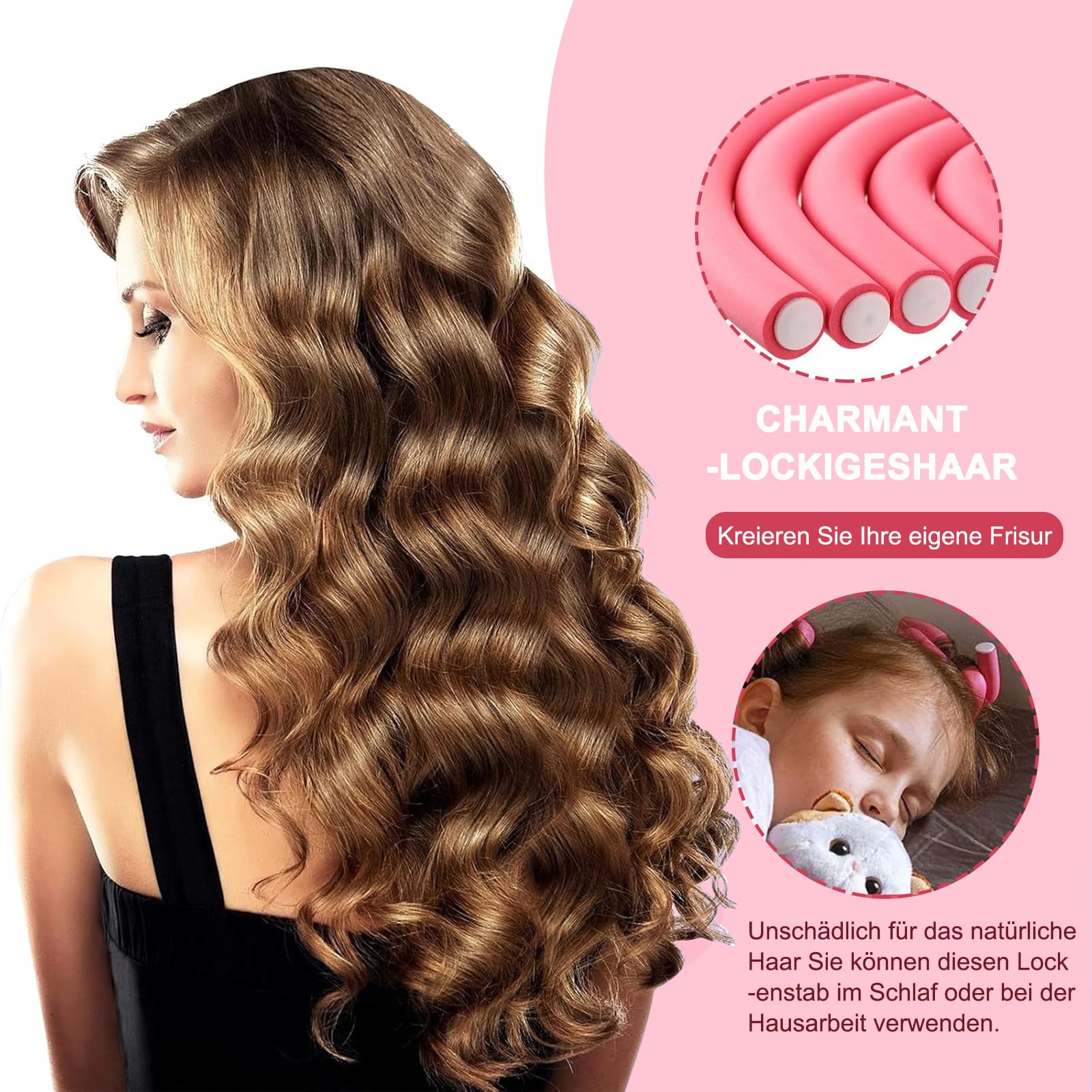 Locken bez ciepła Lunyloer, 30 sztuk elastyczne papiloty 240mm o średnicy ø14mm, skręcane papiloty z pianki, papiloty na noc dla długich włosów (różowe)