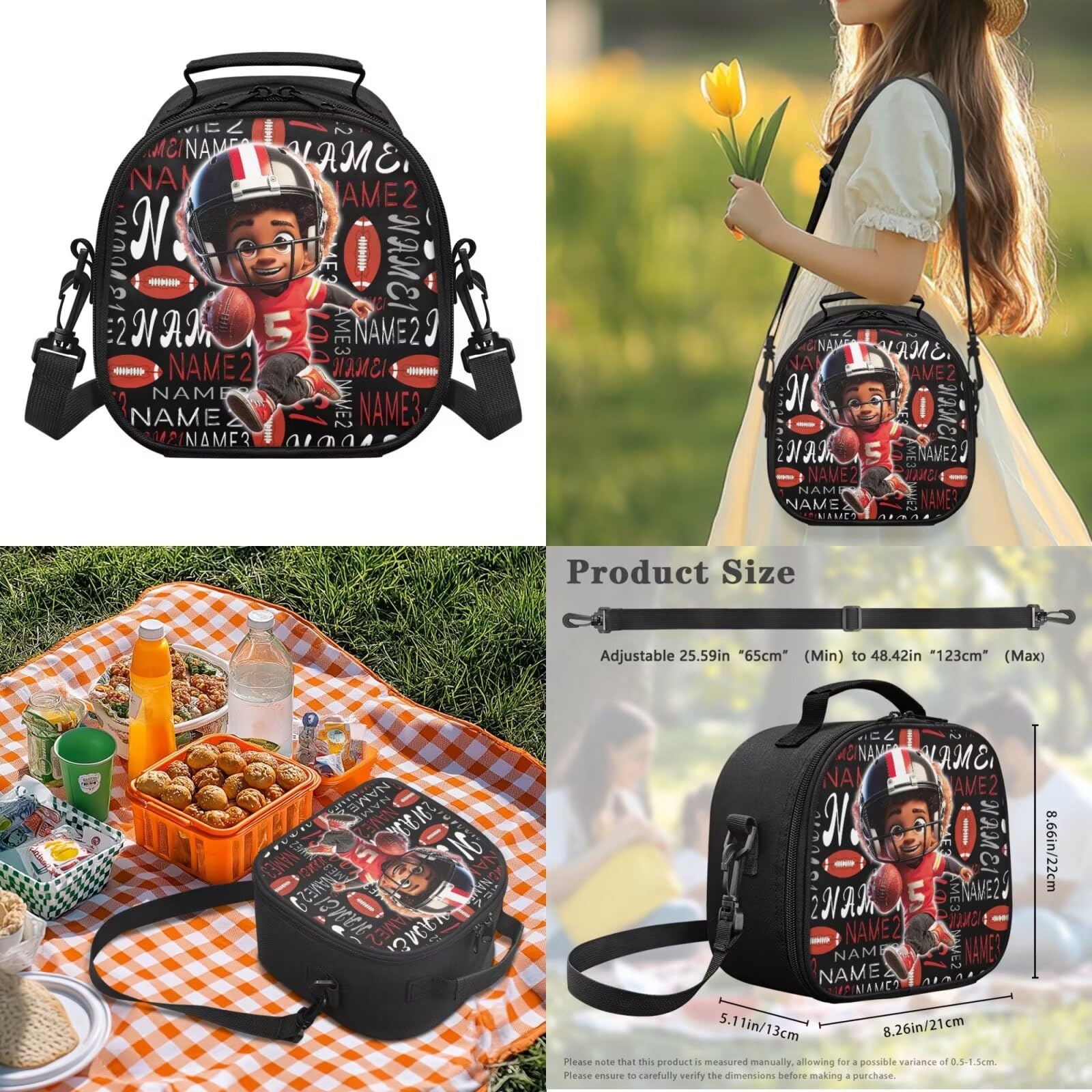 Howilath Zaino per bambini ragazze ragazzi con set portapranzo isolato, set di zaino per la scuola elementare 4 in 1, Nome personalizzato Football Player Boy, L, Classico