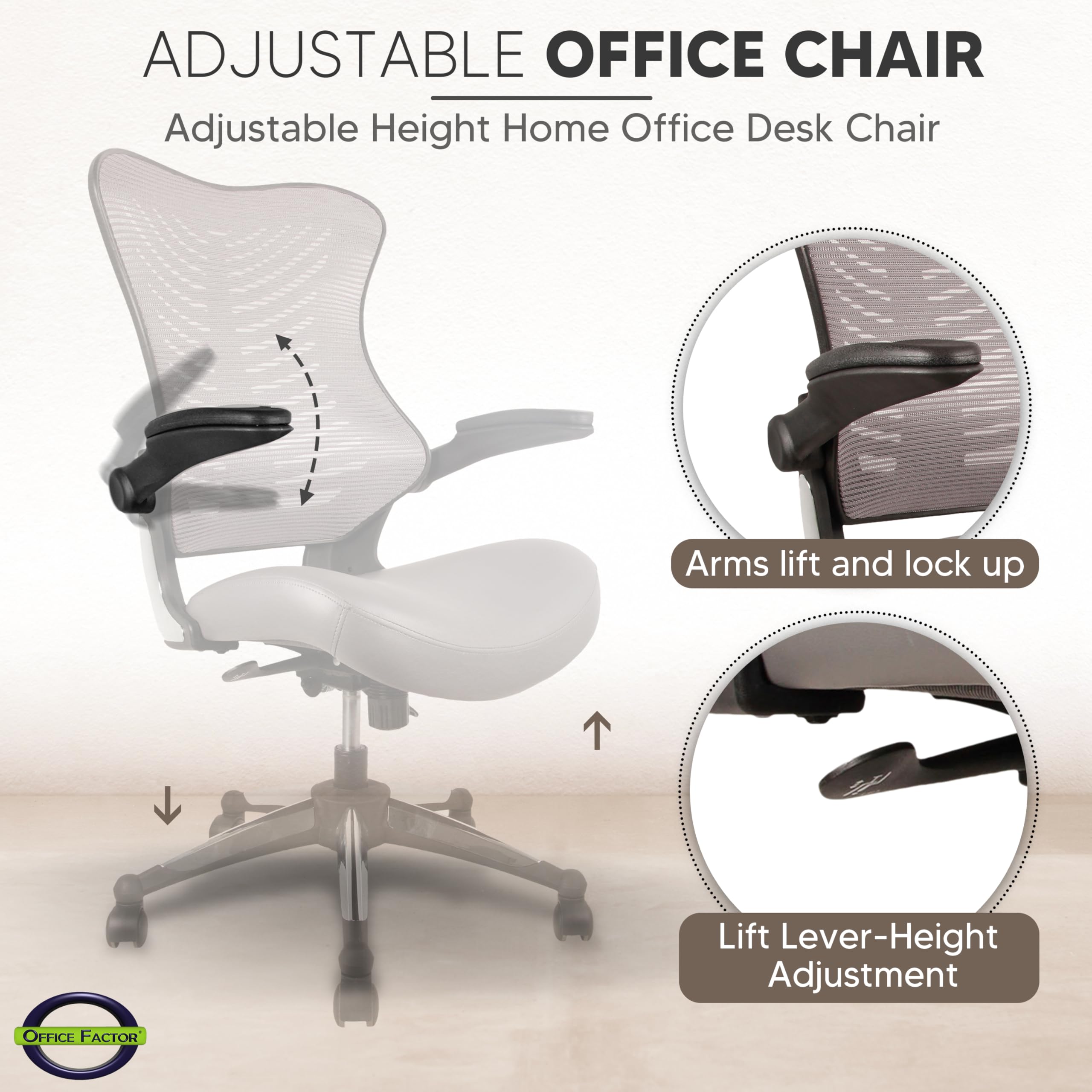 OfficeFactor Executive Ergonomic Computer Office Chair Back Mesh Bonded Leather Seat Flip-up Arms Lumbar Support Molded Foam Seat — view 4