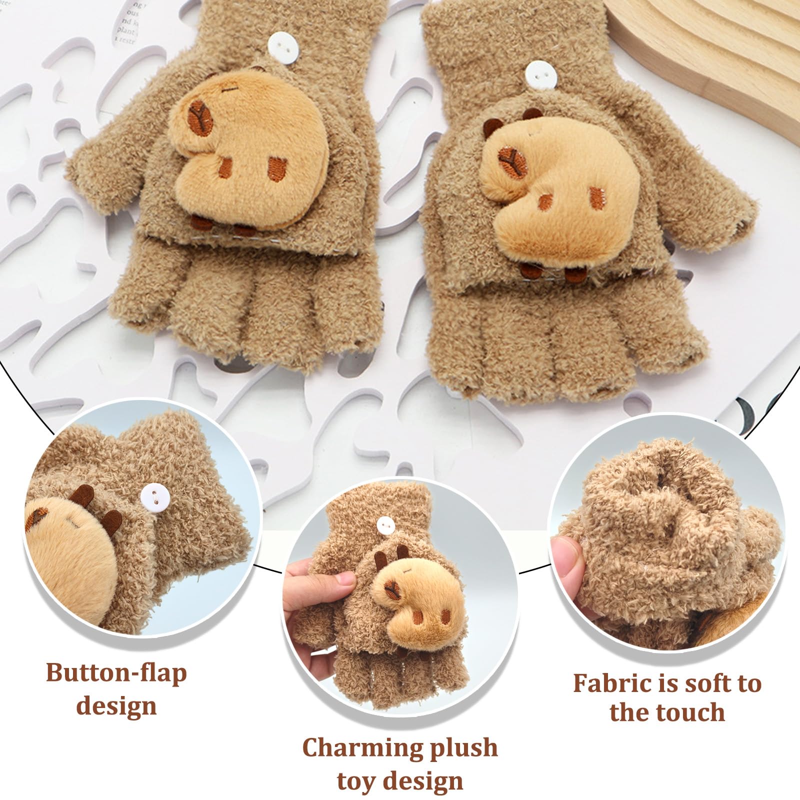 Guantes Sin Dedos para Niños Capibara, Guantes Térmicos Invierno Flip Top, Manoplas Niño 7-13 Años