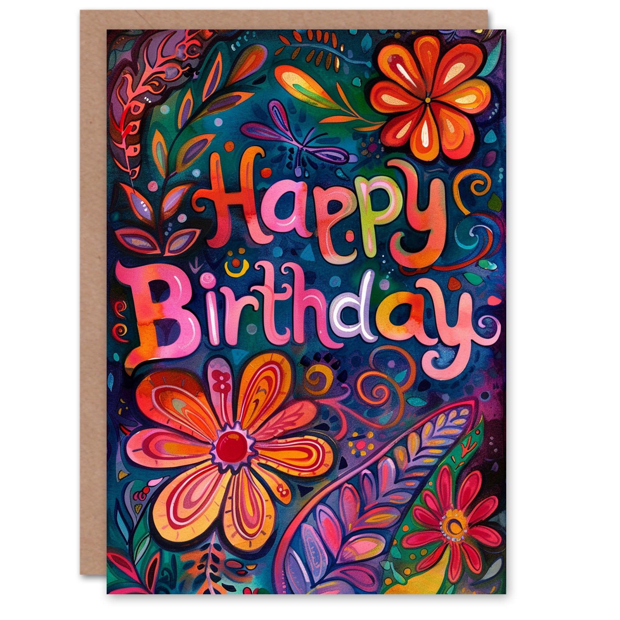 Artery8 Birthday Card Flower Leaf Patterns Vibrant Floral Folk Art For Her Gran Sister Niece Daughter Wife Woman Greeting Card