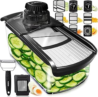 fullstarMandoline Slicer for Kitchen, Cheese Grater Vegetable Spiralizer and Veggie Slicer for Cooking & Meal Prep, Kitchen Gadgets Organizer & Safety Glove Included (11 in 1, Stainless Steel)