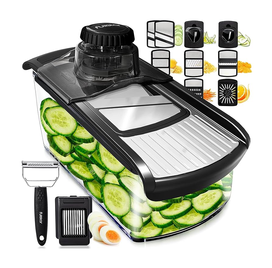 Fullstar Mandoline Slicer for Kitchen, Fruit Cutter, Cheese Grater, Cucumber Slicer, Veggie Spiralizer, Food Cutter & Kitchen Gadgets with Safety Glove (11 in 1, Stainless Steel)