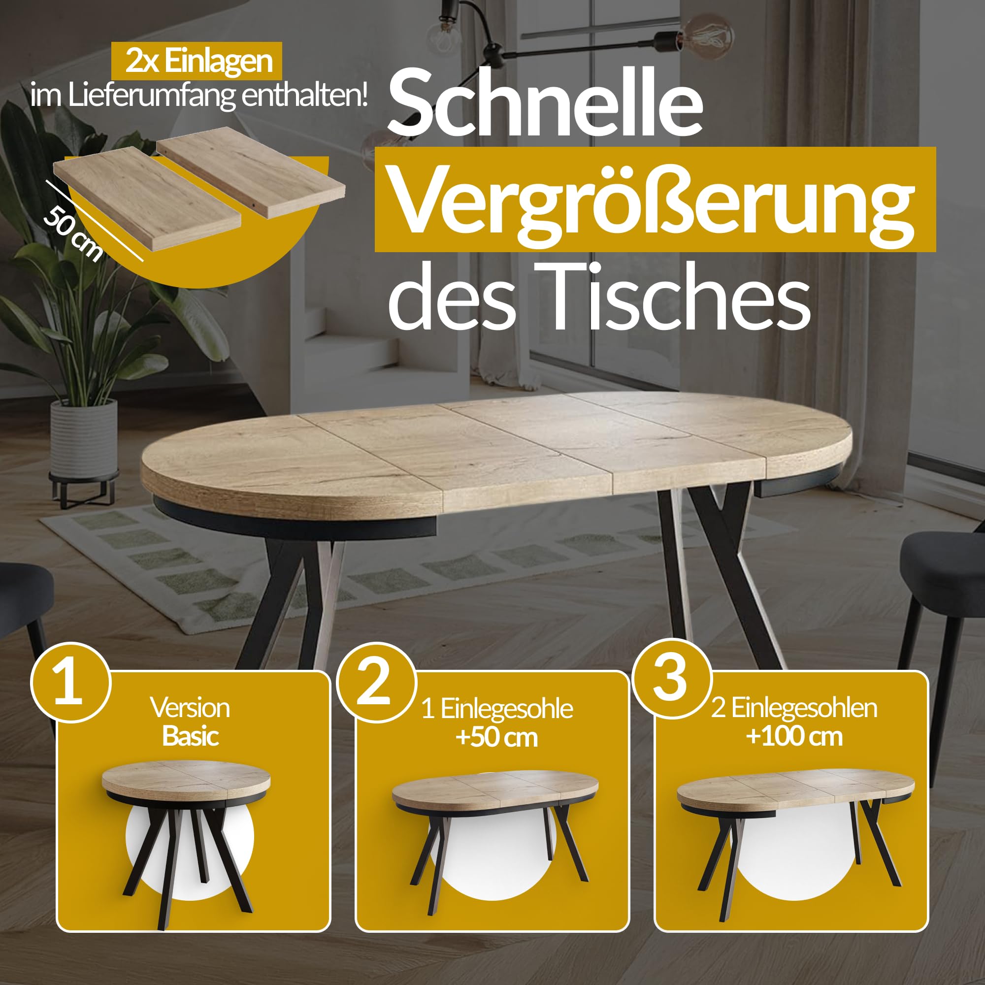 Esstisch Ausziehbar Evo, Stabile Konstruktion, 120-220cm, Graphit | Runder Tish, Moderner Wohnzimmertisch und Küchentisch, Schwarze Beine
