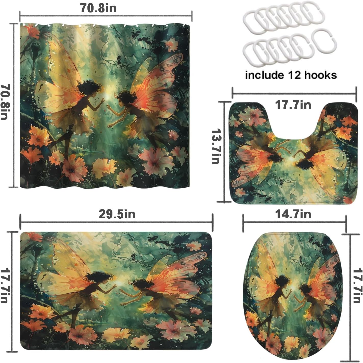 4 Pcs Fairy Bathroom Shower Curtain Set with Rugs,Toilet Lid Cover, Bath Mat Elf Watercolor Cartoon Cute Fantasy Forest Bathroom Decor Sets Accessories with 12 Hooks