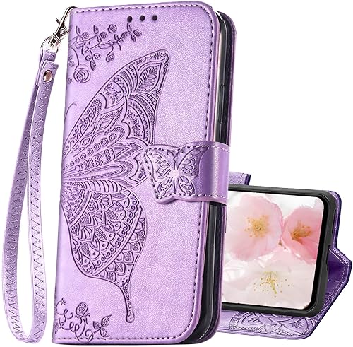 Funda para teléfono Galaxy A14 5G, cartera con tapa para mujer, de piel sintética en relieve de mariposa con tarjeteros de crédito, correa de