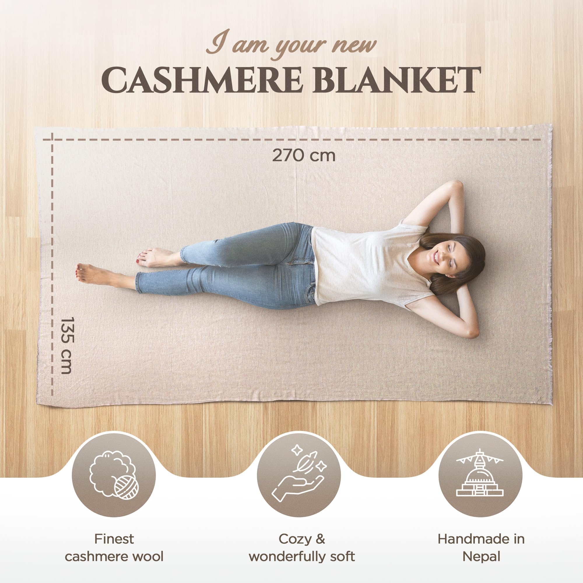 yanopurna Cashmere Blanket – Hand Woven 100% Pure Wool Throw Blanket, 135 x 270 cm – Fine Herringbone Pattern Cozy, and Soft Blanket for Bed, Sofa, or Couch - Made in Nepal