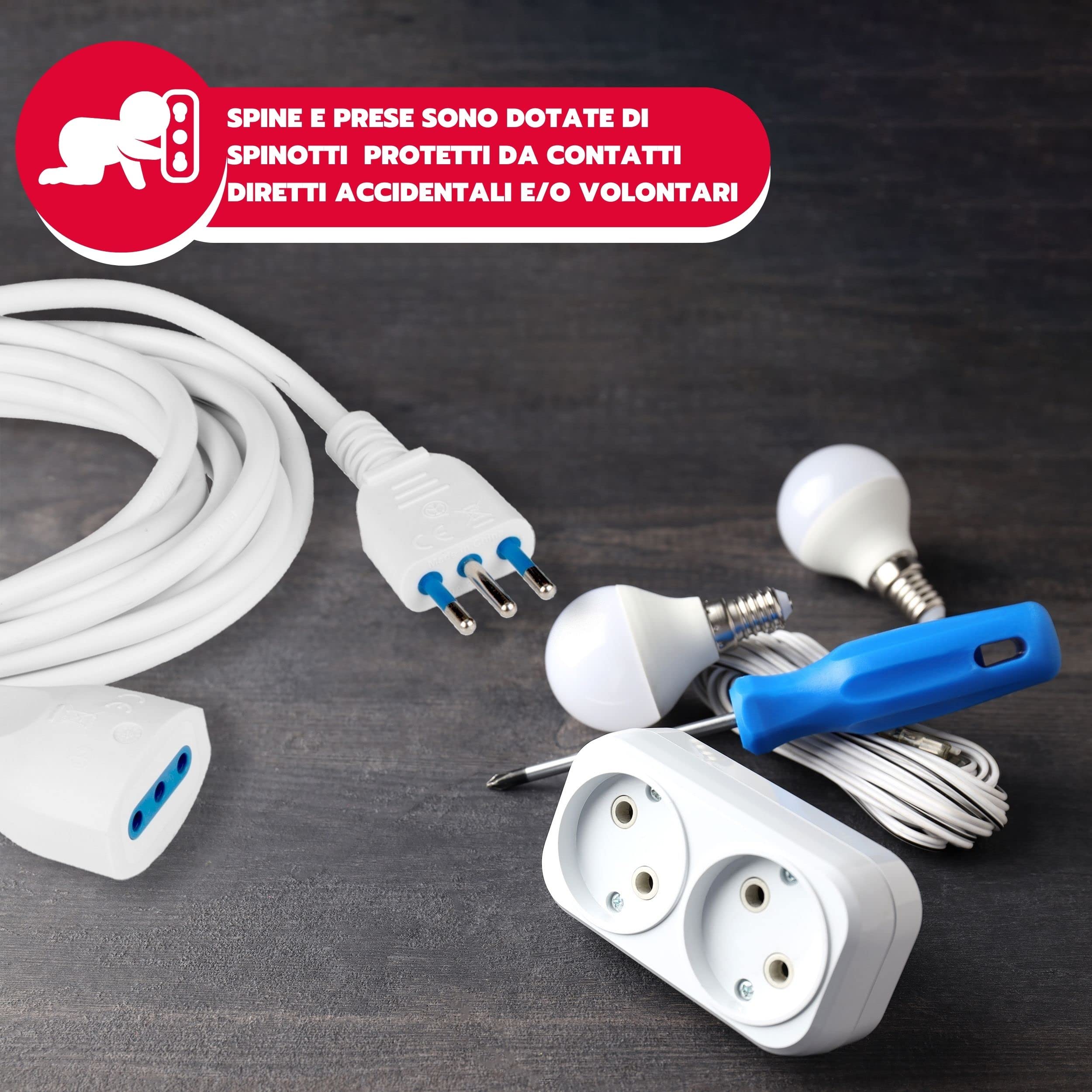 POLYPOOL przedłużacz elektryczny 3 metry, kabel H05VV-F 3 x 0,75 mm ², włoska wtyczka i gniazdo 10 A, 2 P+T, kolor biały, model PP0381XAM