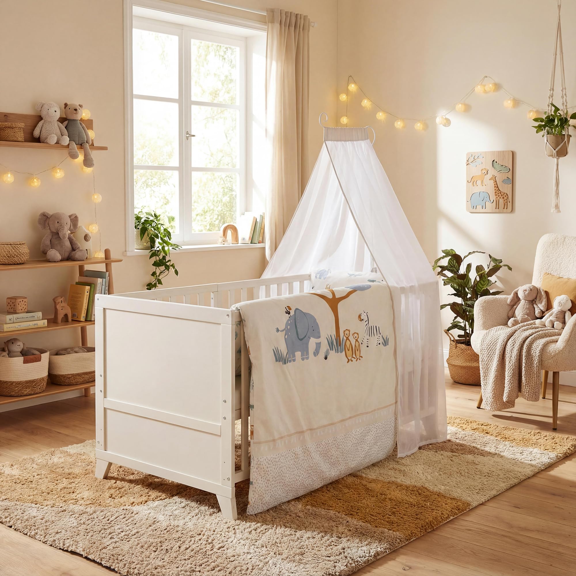 roba Conjunto Completo de Cuna Savanna Friends - Cuna para bebé 70 x 140 cm de Madera Incl. colchón Ropa de Cama Dosel y Barra de Dosel - Evolutiva Desde 6 Meses - Gris Natural