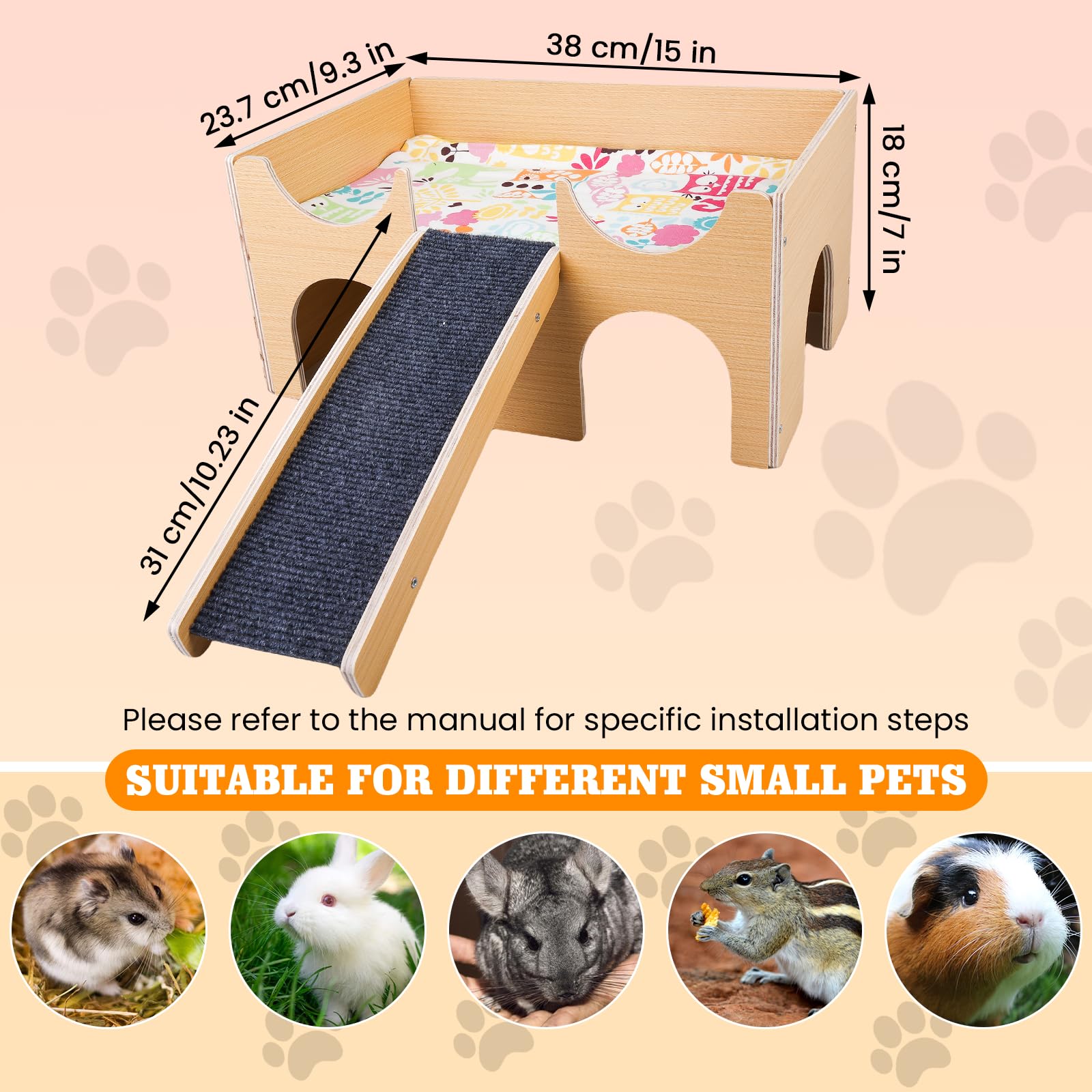 Grande maison pour cochons d'Inde en bois massif avec rampe et 3 entrées, maison de lapin naturel, pour rats, hamsters et petits animaux