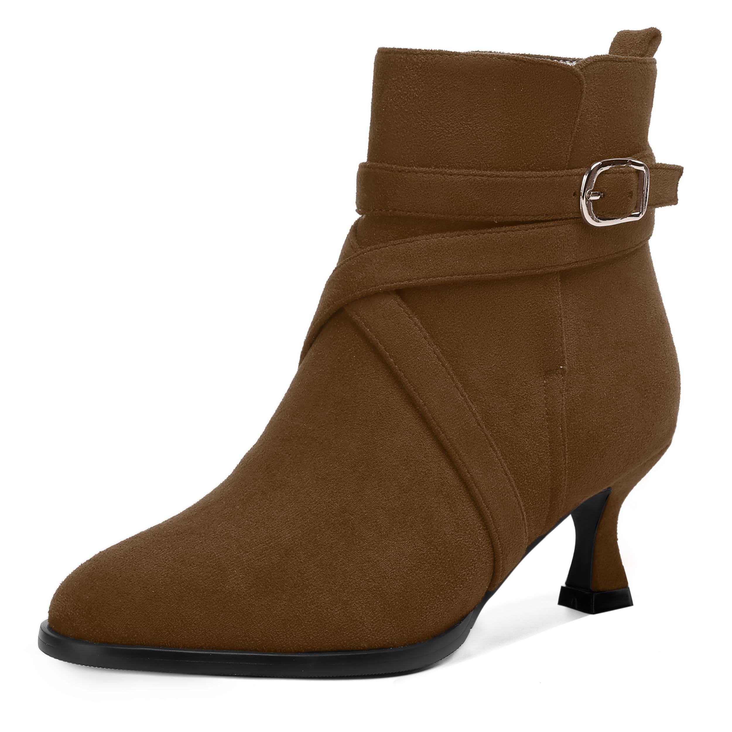 MODENCOCO Womens Dress Suede Round Toe Dating Ankle Strap Buckle Fashion Kitten Low Heel Ankle High Boots 2 Inch