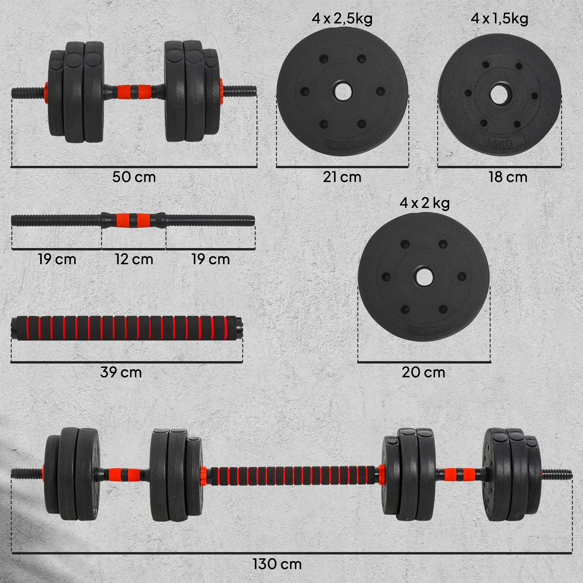 HOMCOM 2-in-1 verstellbares Kurzhantel-Set, 25 kg, mit Verbindungsstange | Hantel-Set, rutschfester Griff, Gewichte und Hanteln für Männer und Frauen, Fitnessübungen, Heim-Fitnessstudio