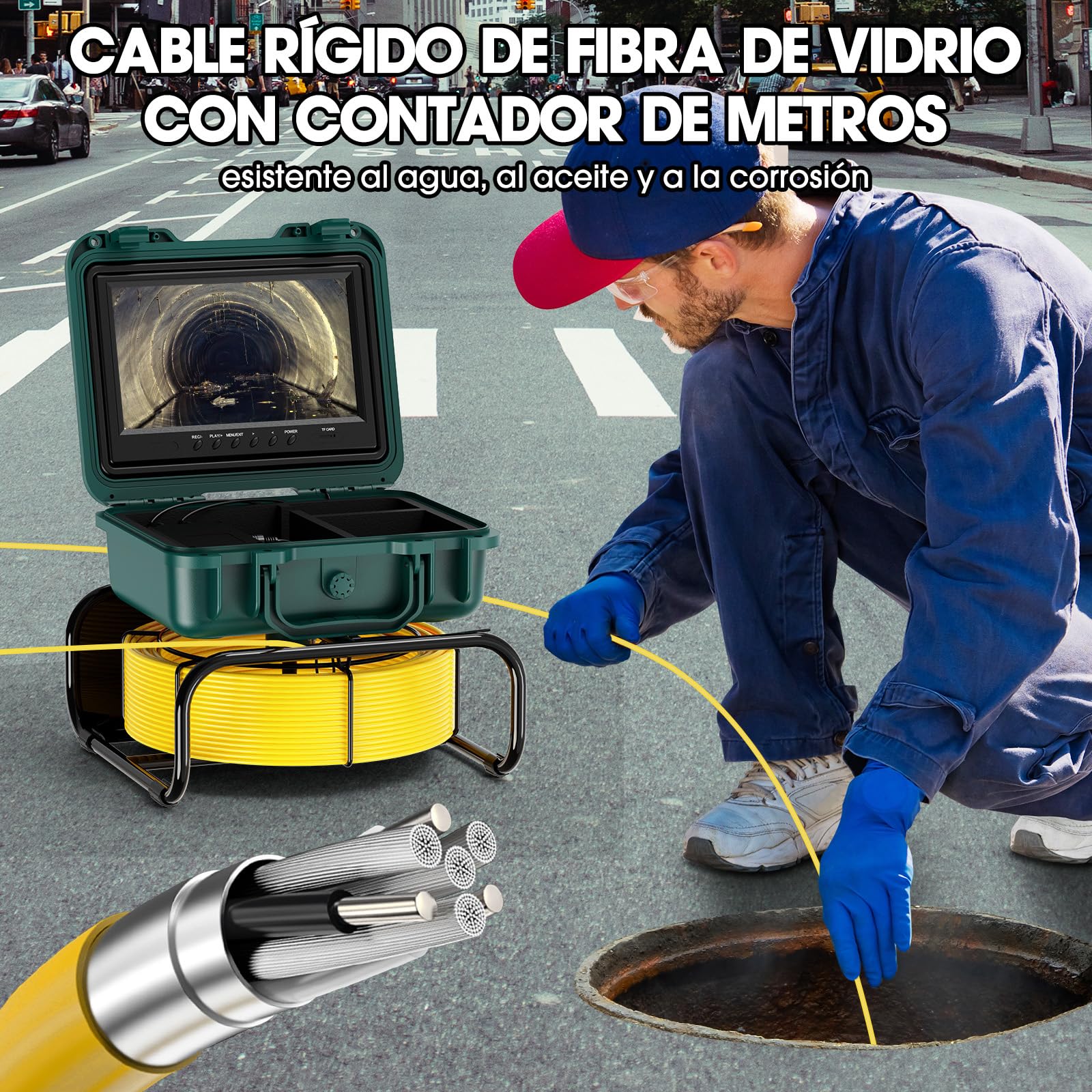 Cámara de Inspección de Alcantarillado Autonivelante 30M con Localizador 512Hz, Pantalla Táctil de 9 Pulgadas 1080P, Contador Automático, Tarjeta de 32GB y 12 Luces LED para Tuberías de Desagüe