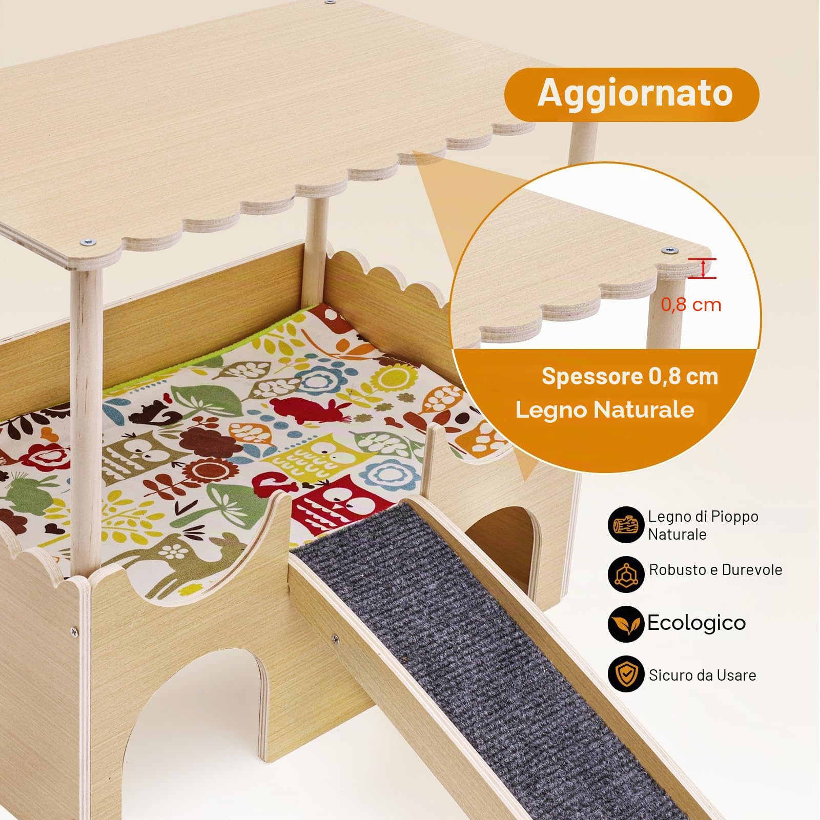 Casetta Porcellino d'India, Castello per Conigli in Legno con Tetto Rampa, 3 Ingressi Grande Riparo per Porcellini Nano, Accessorio per Porcellini d'India, Criceto, Roditori, 38 x 35 x 25 cm