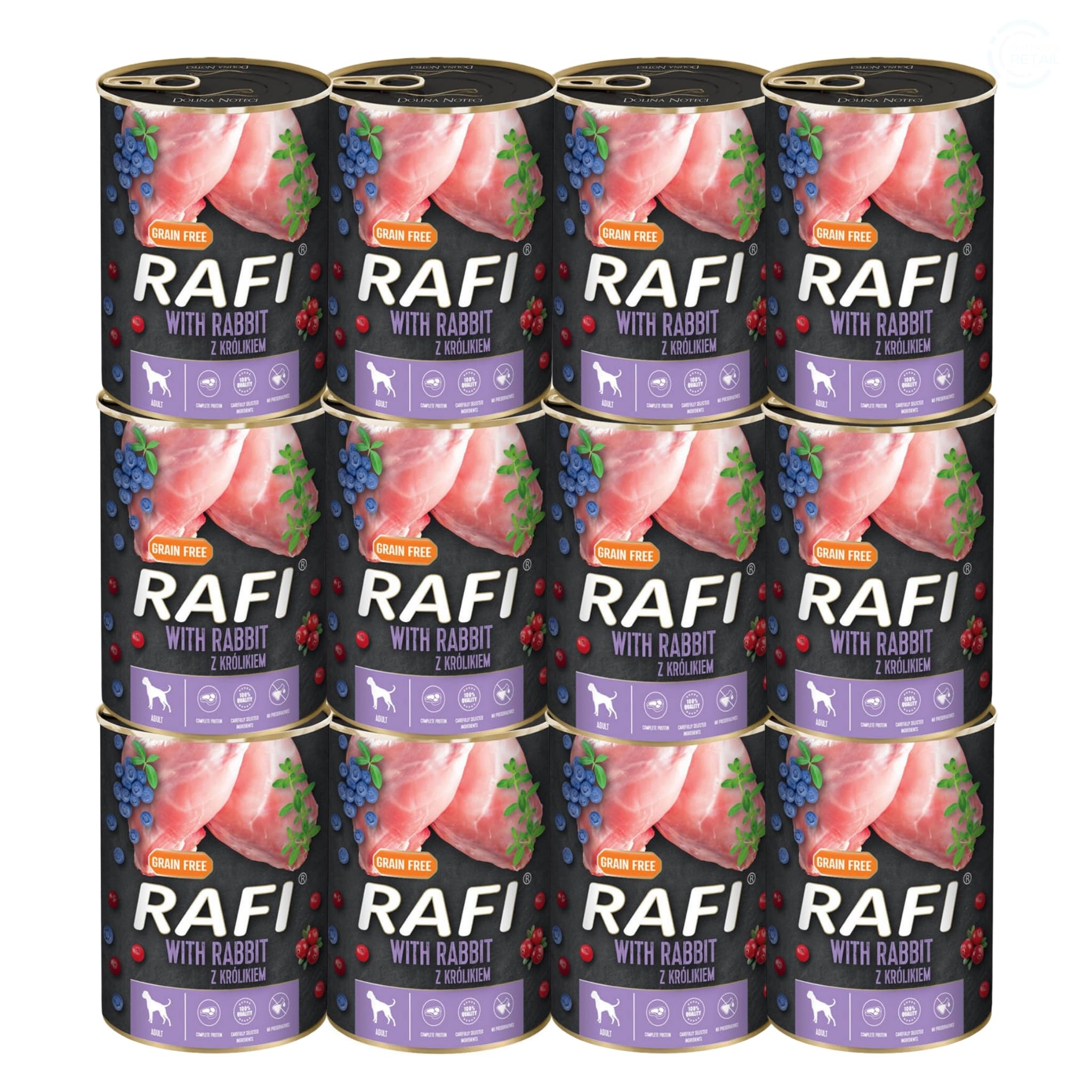 Rafi Complete Adult Wet Dog Food, Rabbit, 12 x 400g Cans
