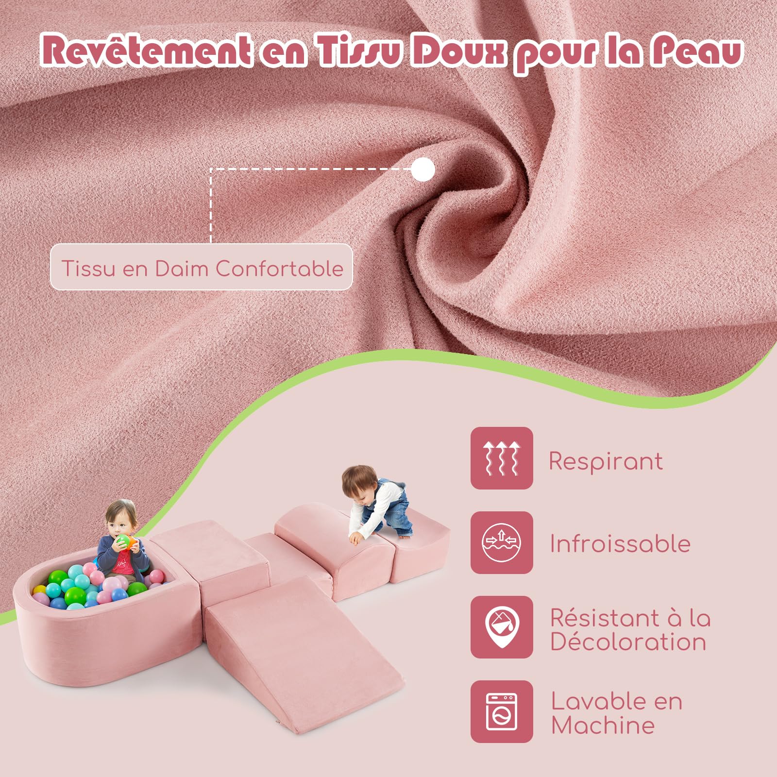 DREAMADE Parcours de motricité Bébé 5PCS avec Housse Lavable, Blocs de Construction avec Piscine à Balles, Module Motricité pour Enfant 3+ Ans, sans Balles (Rose)
