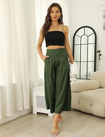 SCUSTY Linen Pants for Women Culottes Capris Wide Leg Palazzo Boho Pants Trousers