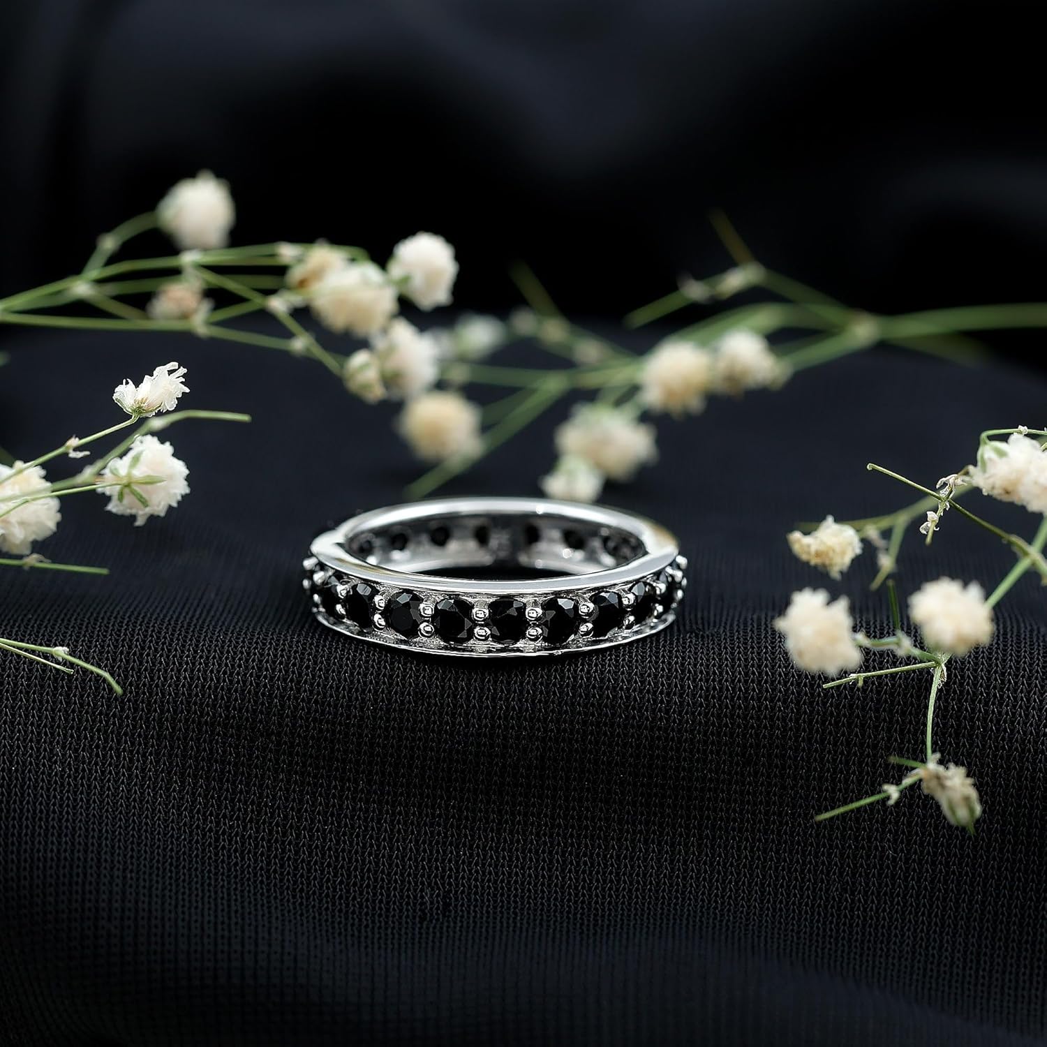 925 Sterling Silver Round 2 Ctw Black Spinel Gemstone Stackable Eternity Band Women Engagement Ring