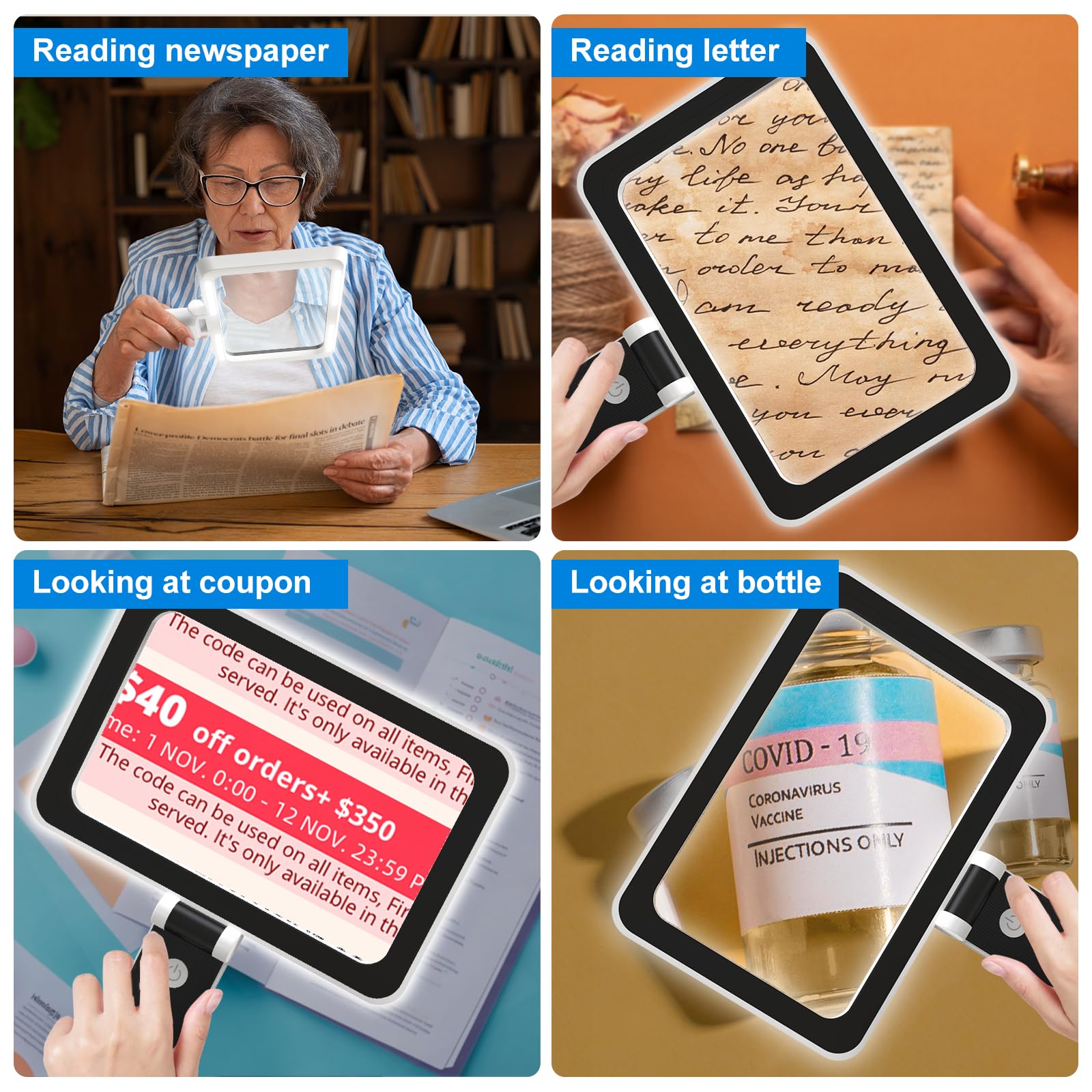 Loupe de Lecture avec Lumière 3x LED Ultra Lumineuses à Intensité Variable Pliable pour Personnes Âgées
